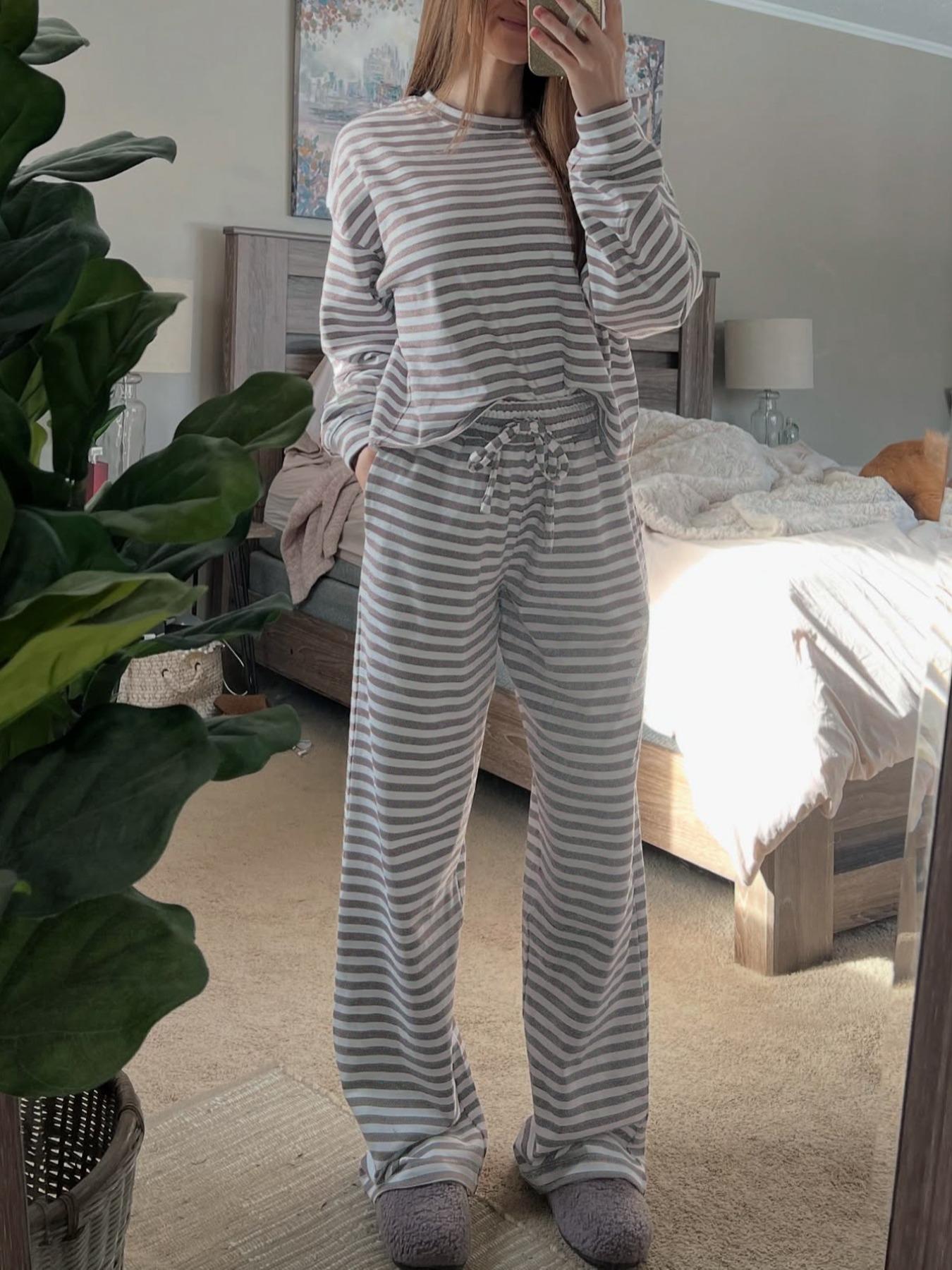 Women's Casual Striped Long Sleeve Top & Pants Set, Comfortable Loose-Fitting Two-Piece, Fashionable Clothing for Daily Wear