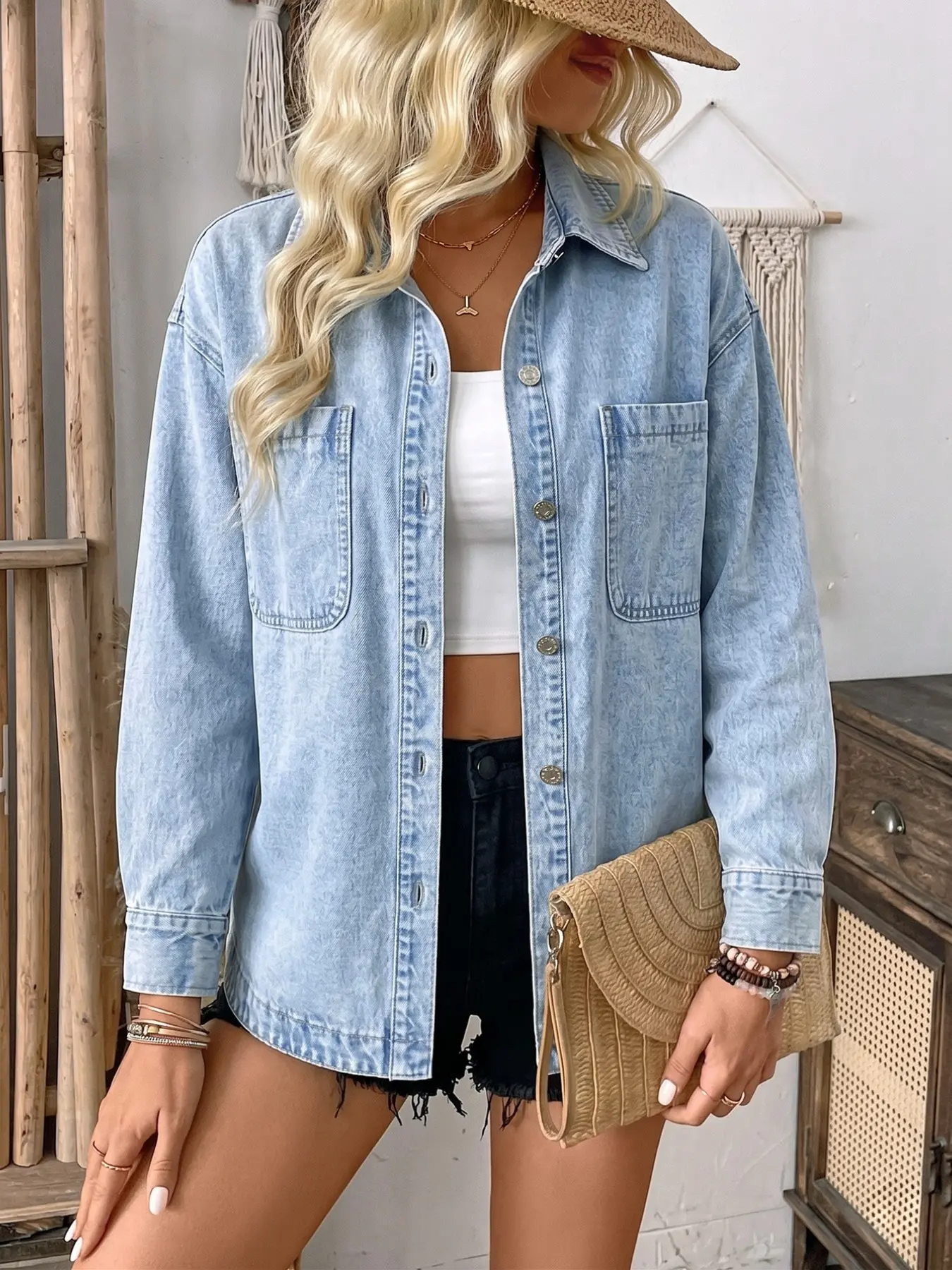 Women's Light Wash Oversized Denim Shacket, Button-Front Shirt Jacket with Frayed Hem & Patch Pockets, Casual Chic for Brunch, Office, Weekends