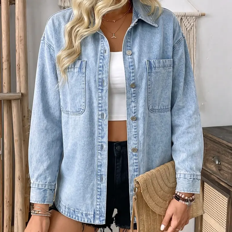 Women's Light Wash Oversized Denim Shacket, Long Sleeve Button-Front Shirt Jacket with Frayed Hem & Patch Pockets, Casual Chic for Brunch, Office, Weekends, Outerwear