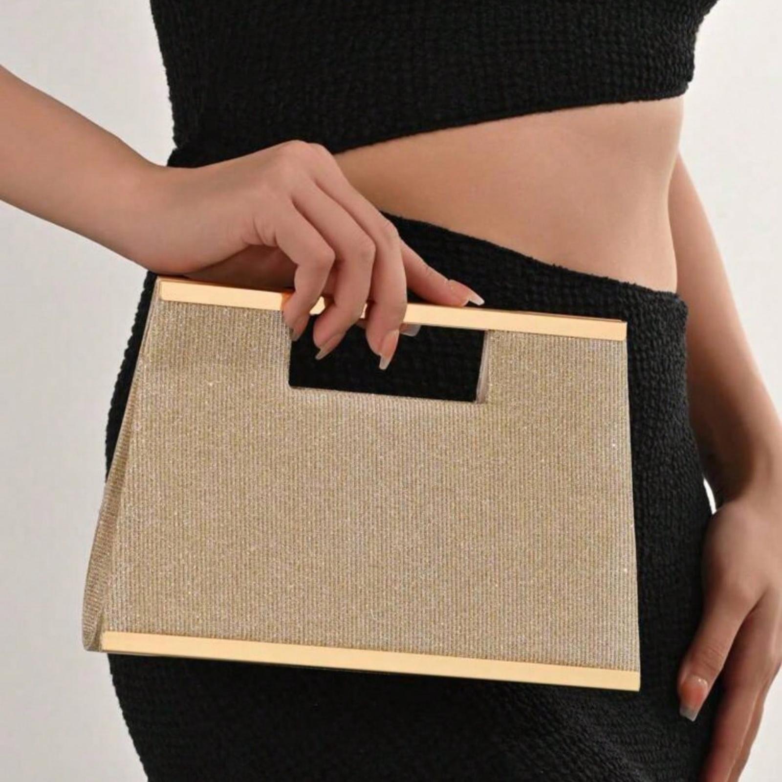 Fashionable Metallic Clasp Evening Clutch, Crossbody Purses Sparkling Gold Metallic Bar Design, Luxury & Elegant Formal Handbag for Gala, Party, Wedding, Includes Detachable Chain