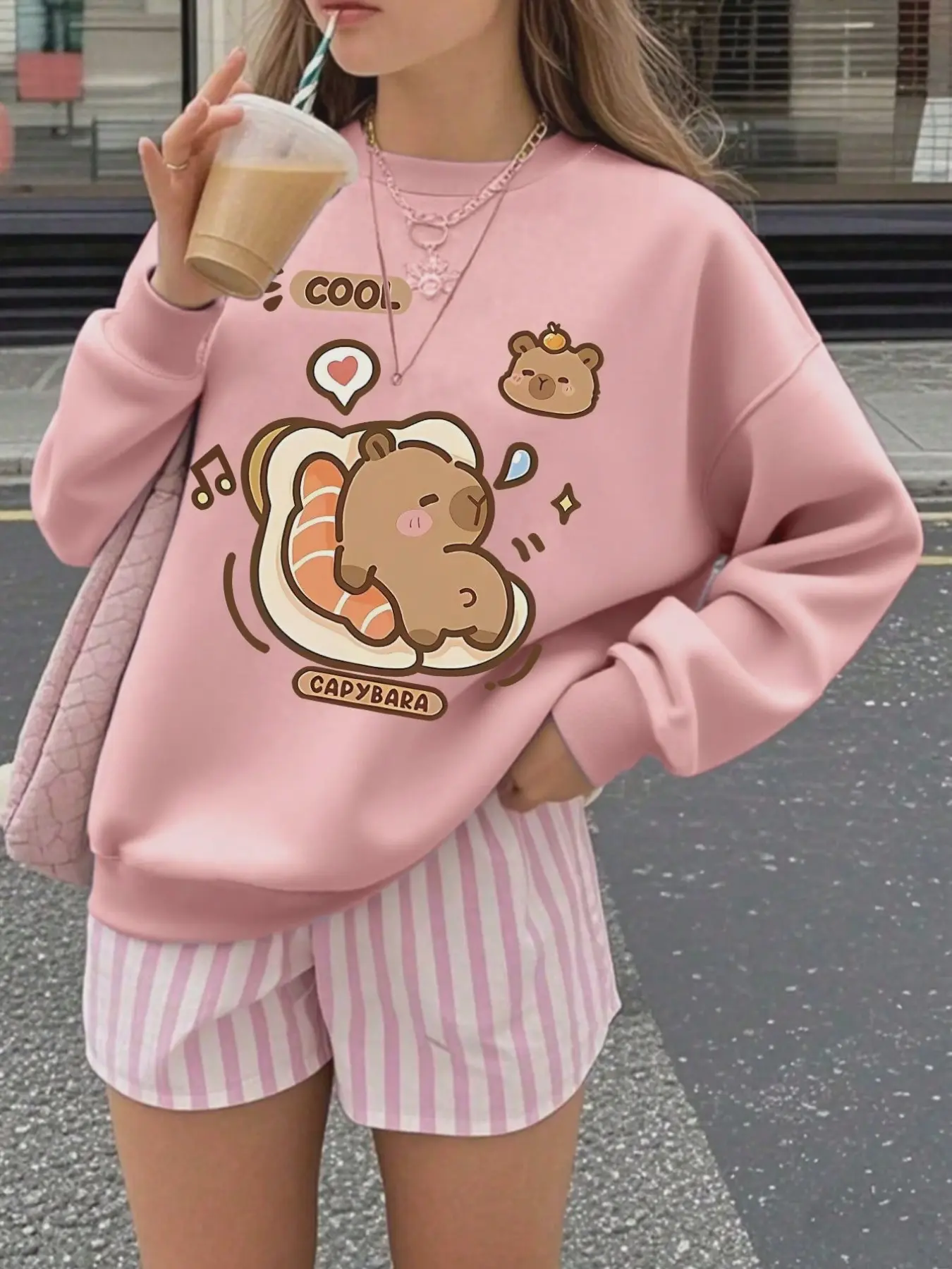 Girls' Cute Long Sleeve Sweatshirt, Round Neck, Capybara Print, Casual Slim Fit, Spring & Fall, Home & Commute Fashion