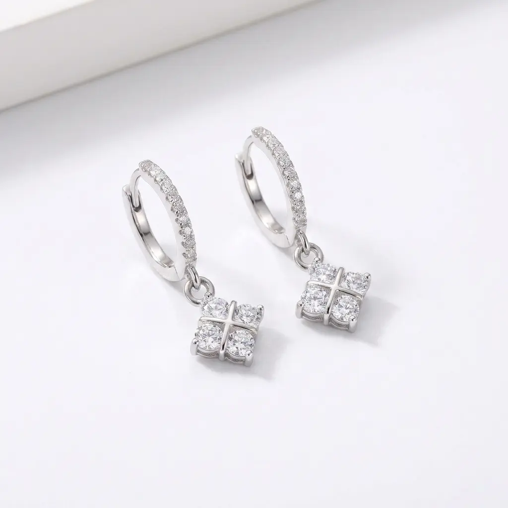 ZIIYONG Moissanite Dangle Hoop Earrings for Women, 925 Sterling Silver Square Cluster Drop Earrings, Sparkly Hypoallergenic Jewelry Gift