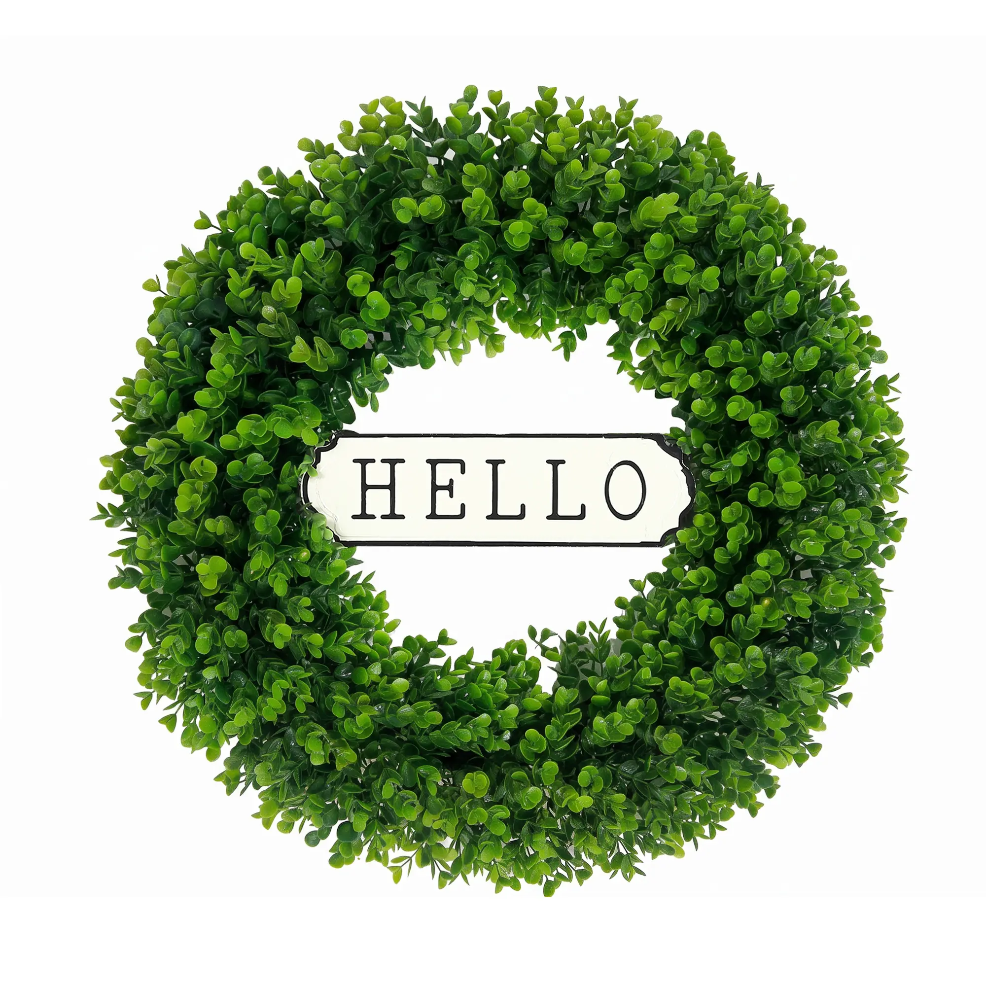 24 Inch Artificial Eucalyptus Wreath with Hello Iron Sign and White Ribbon for Front Door Wall Decor Modern Farmhouse Year Round Hanging