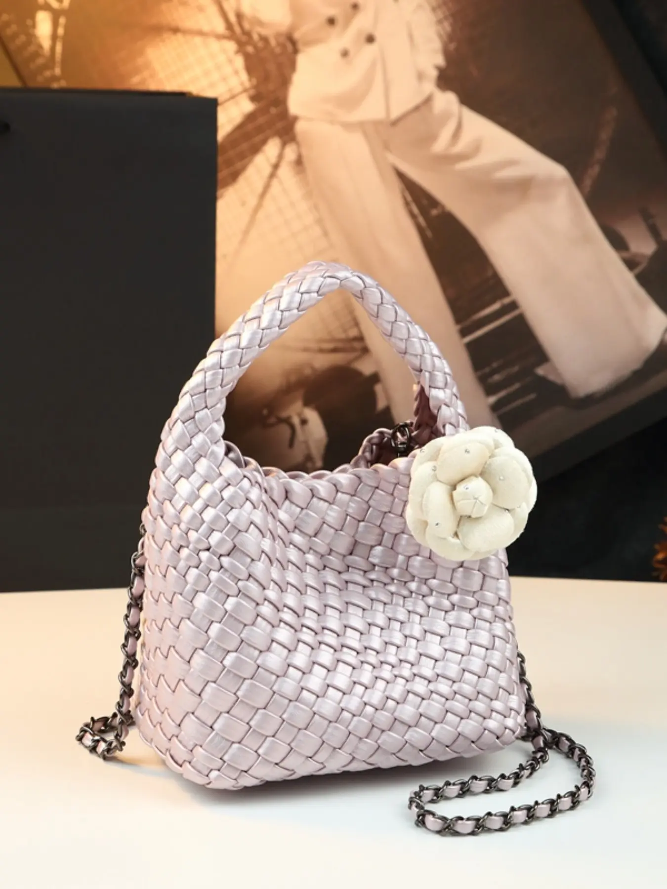 French Luxury Mermaid Woven Bag, 3D Camellia Handbag, Versatile Crossbody & Shoulder Bag, Unique High-End Commute Women's Bag