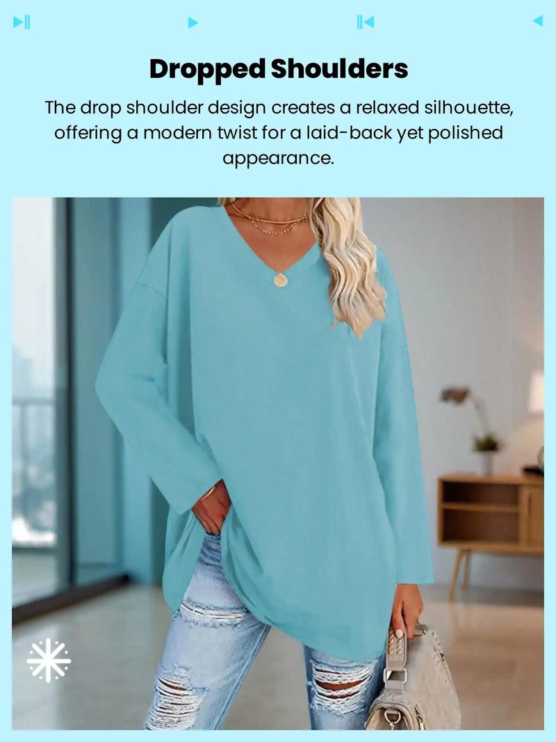 Plus Size Solid Drop Shoulder V Neck Tee, Casual Long Sleeve T Shirts for Women for Daily Wear, Women Plus Clothing for All Seasons, Fall Outfits, Fallfreshness Y2K, Fall clothes 2024 Plus Size Solid Drop Shoulder V Neck Tee, Casual Long Sleeve T Shirts for Women for Daily Wear, Women Plus Clothing for All Seasons, Fall Outfits, Fallfreshness Y2K, Fall clothes 2024
