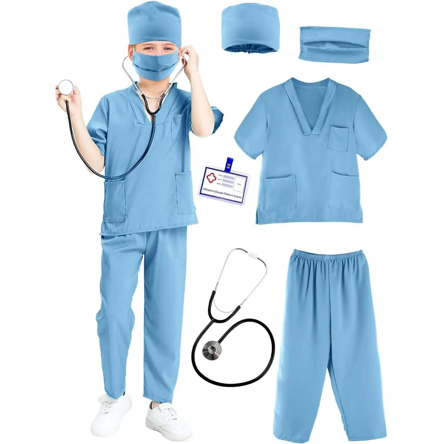 Kids Doctor Scrubs Costume Set Doctor Surgical Suit Uniform for Boys Girls Dress Up Halloween Cosplay