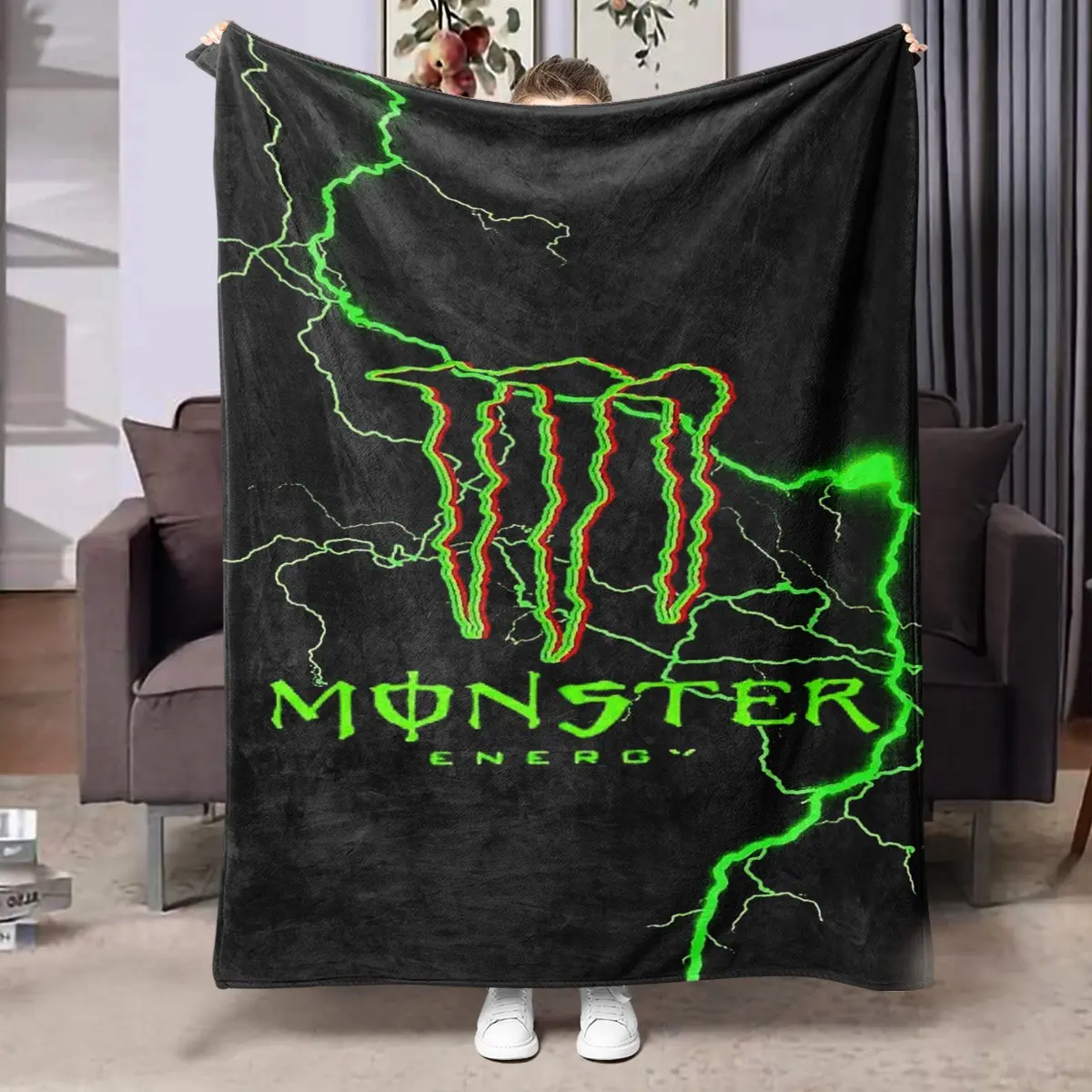 1pc Black Background Neon Lightning Monster Energy Trendy Fleece Blanket, full print red-green outlined Monster claw logo, fluorescent green lightning trails, gothic brand lettering, dark cyberpunk street edgy style. Soft warm comfortable nap blanket, sui