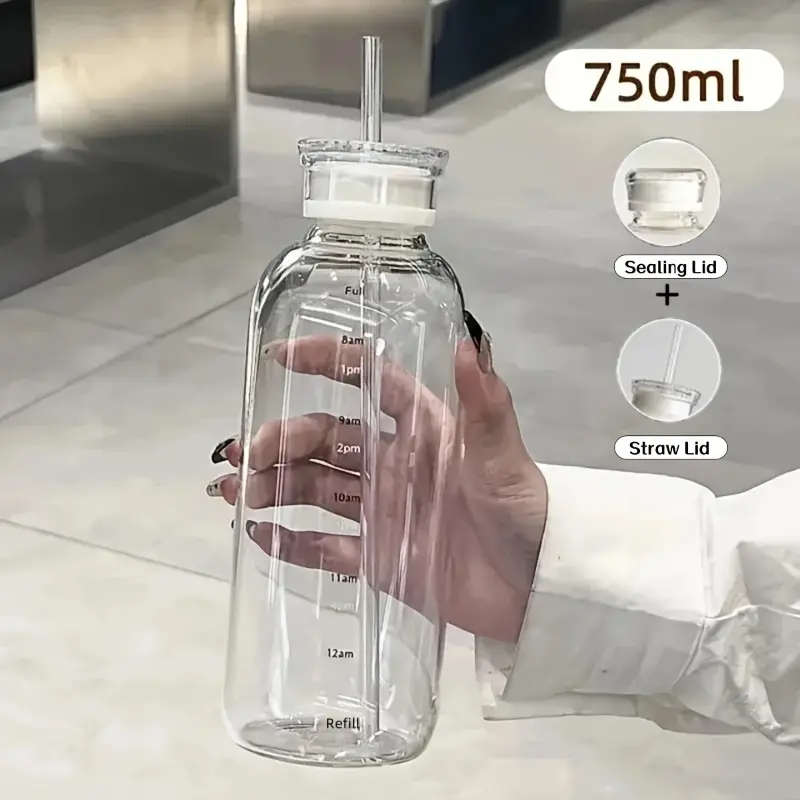 Large-capacity borosilicate glass water bottle, with double lid design - sealed lid and straw lid, featuring time scale, convenient for carrying, timely refilling, suitable for beverages, lemon tea, iced coffee, and drinks, Travel Water Bottle