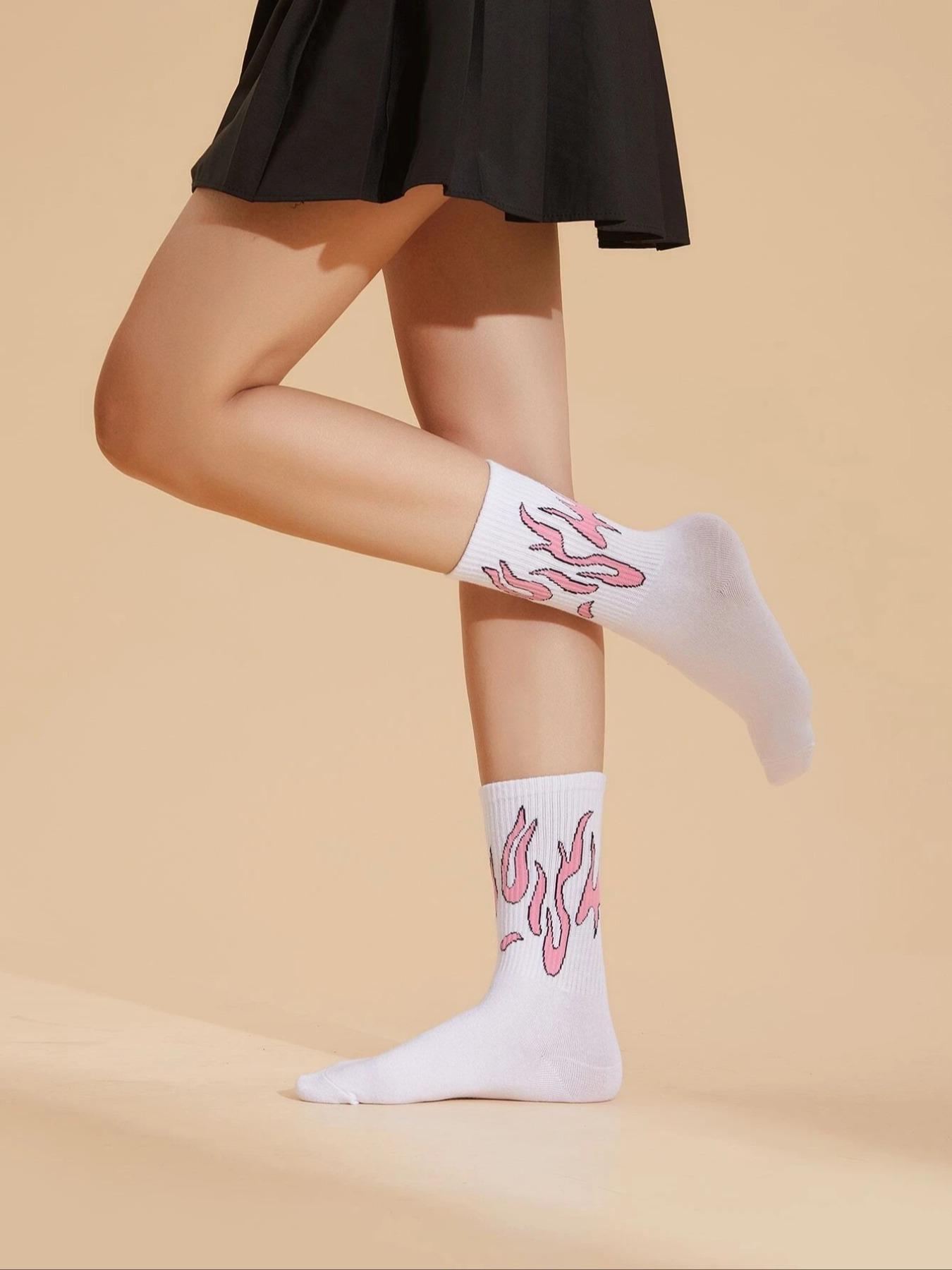 2 Pairs Fire Print Crew Socks, Fashion Casual Comfy Socks for Daily Outdoor Wear, Women's Socks for All Seasons, Socks for Women, Womenswear, Casual Stylish Socks, Soft Comfy Socks, Sock Set