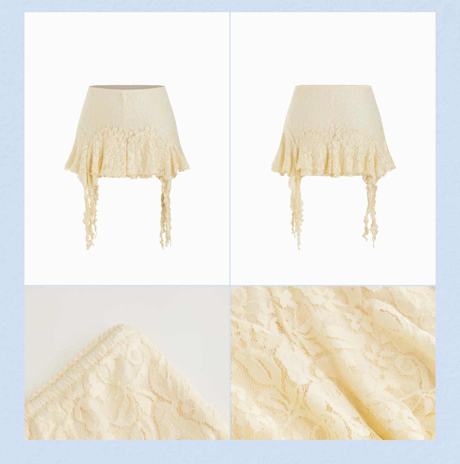 Cider Lace Low Rise Asymmetrical Hem Ruffled Flared Mini Skirt