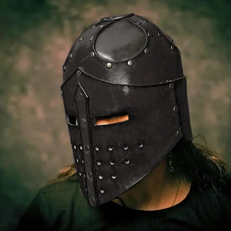 Medieval Knight Templar Crusader Leather Helmet - Gothic Gladiator Viking Pirate Warrior Head Armor Mask Hat - 1 Size, XL Soldier Cosplay Costume LARP Accessories