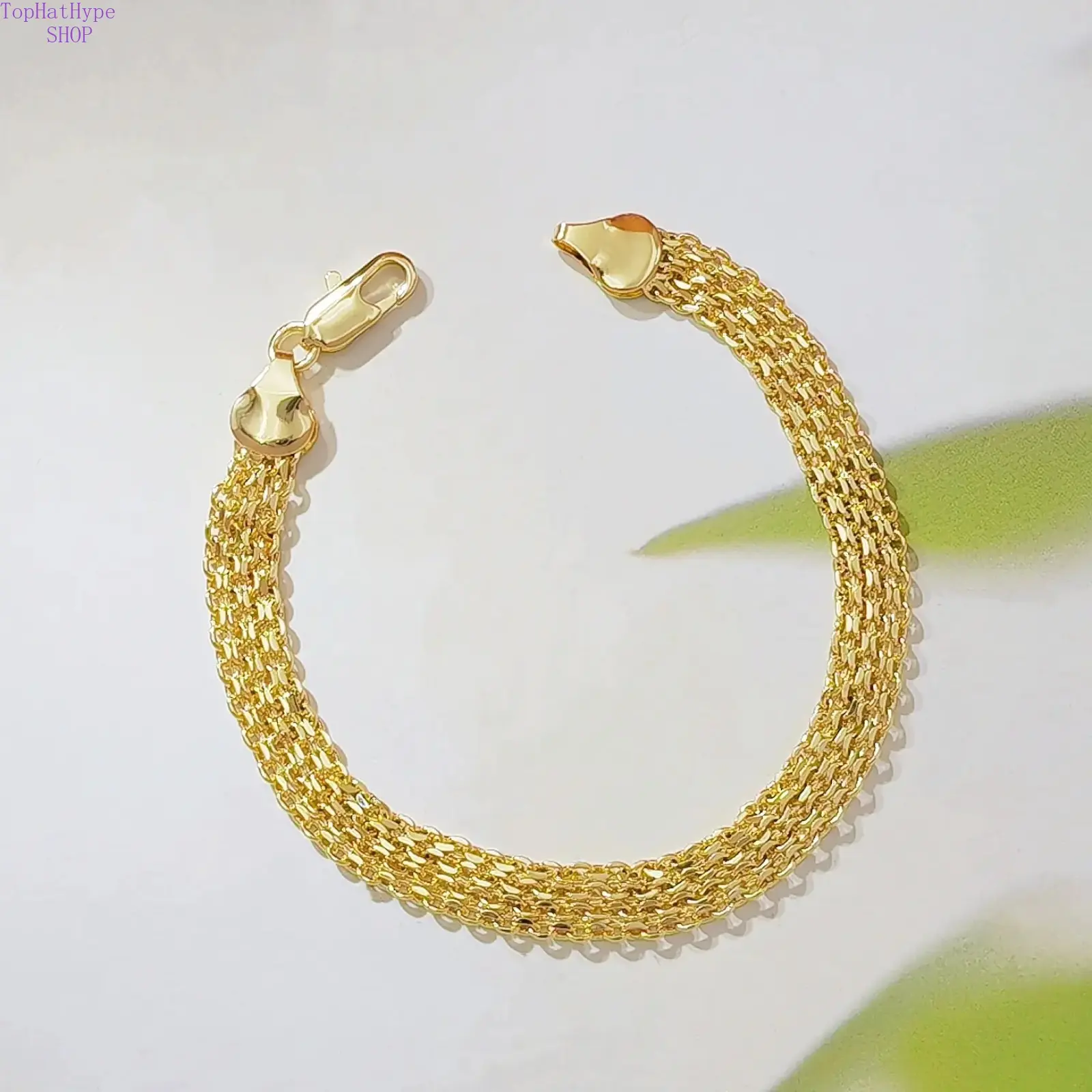 18K Gold Plated Mesh Bracelet for Women - Wide Woven Chain Link Bracelet with Lobster Clasp, 7.5 Inch, Dainty Statement Jewelry Gift
