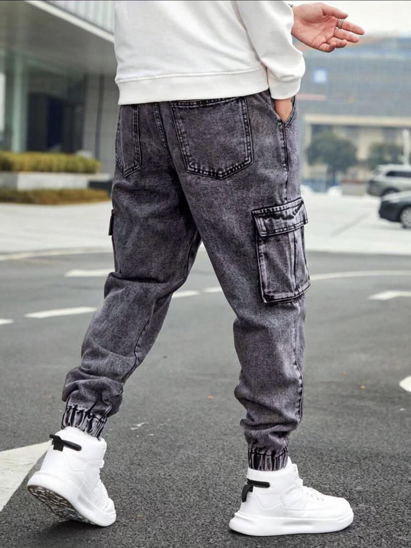 Men's Solid Flap-Pocket Cargo Jeans, Regular Fit Street Fashion Denim Trousers for Daily Wear, Men's Bottoms for All Seasons