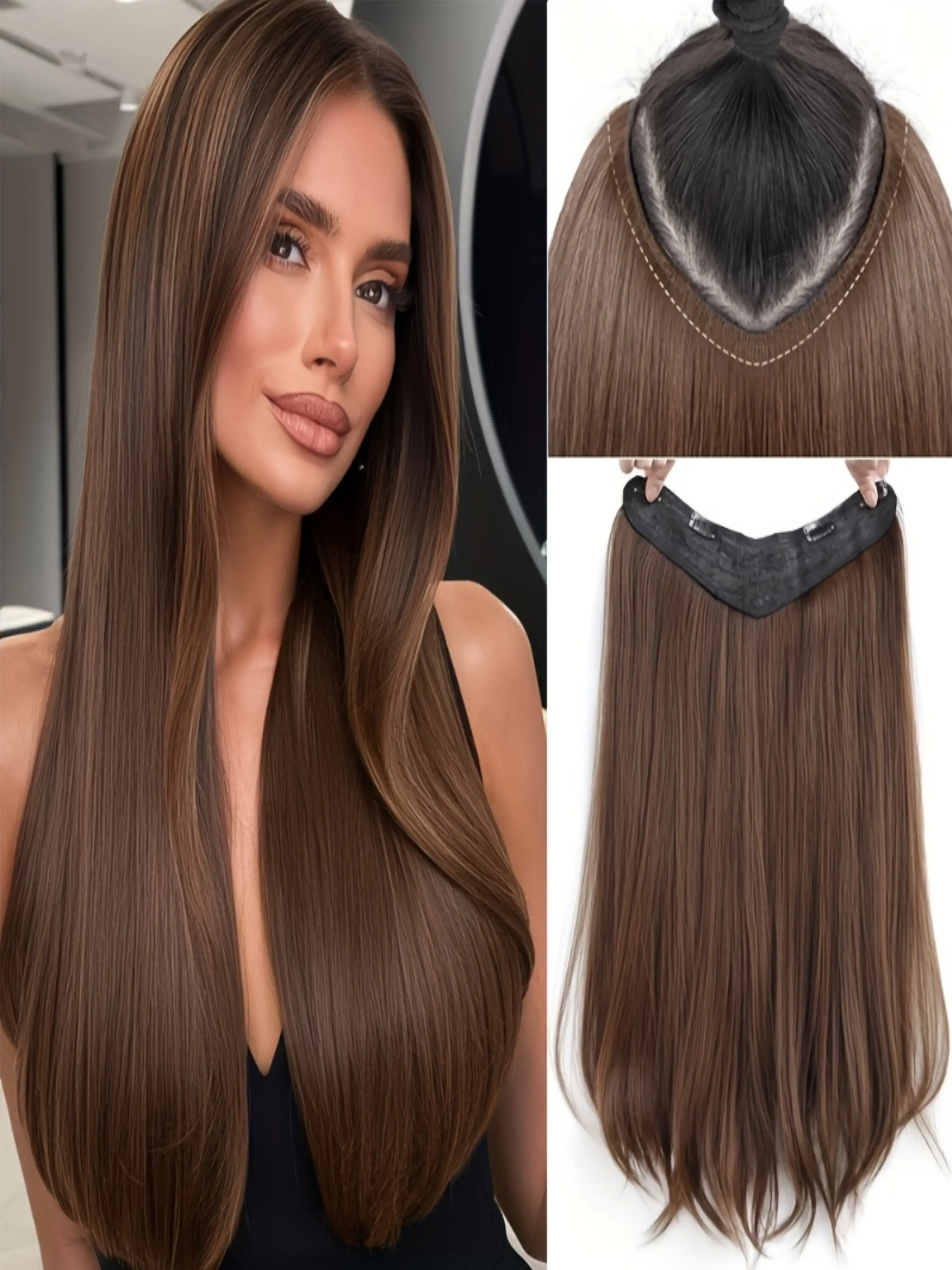 V-Shape Clip-In Hair Extension, Smooth Straight Hair, Non-Tugging, Volume Boost, Ideal for Daily Use, Halloween, Valentine's Day Must-have costumes for Christmas, Halloween and Valentine's Day
