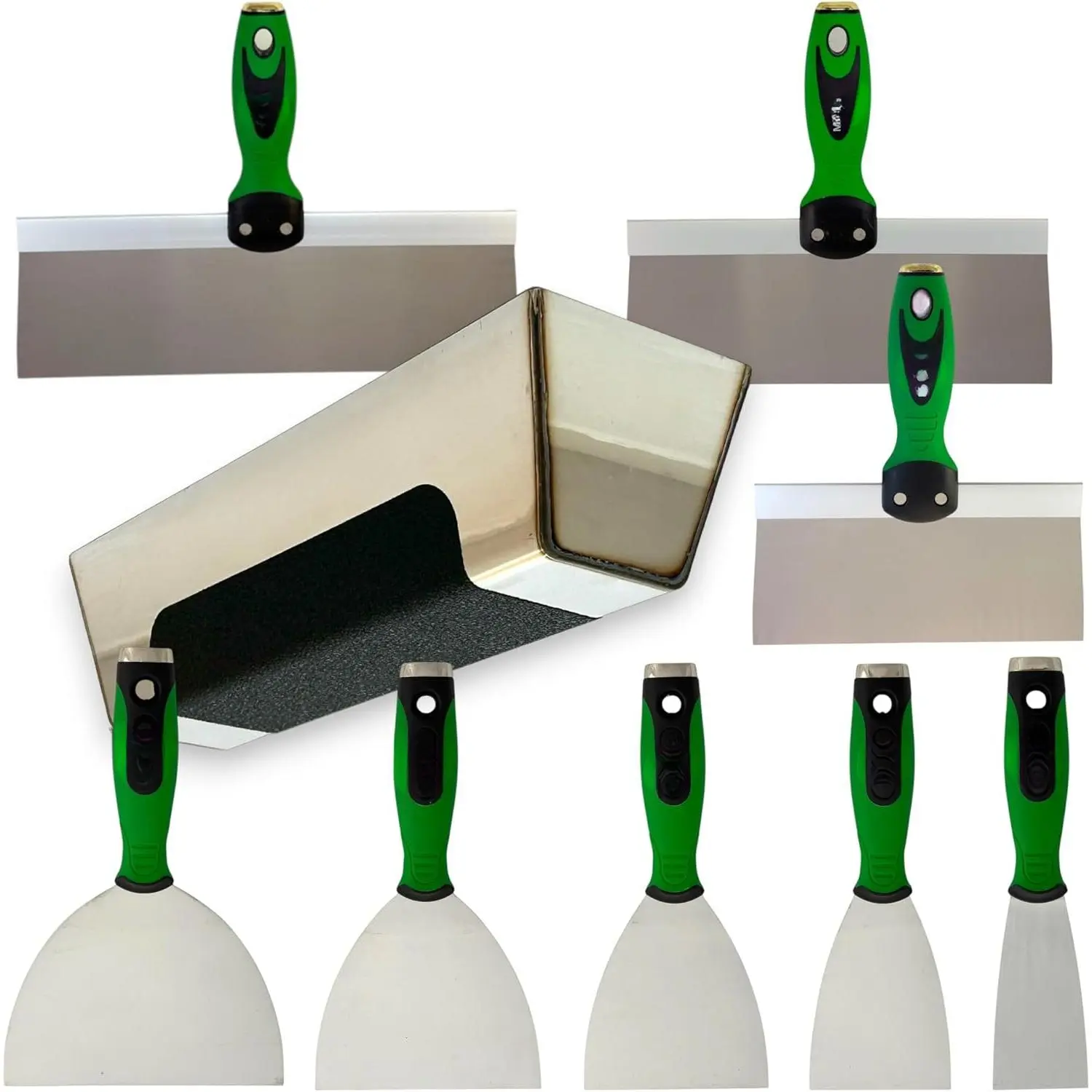 Flexible Stainless Steel Drywall Taping Knife Set with 12" Mud Pan and Grip, Strong Flexible Putty Blades, 8 10 and 12" Coating Blades with Curved Handles Contoured to the Palm of Your Hand