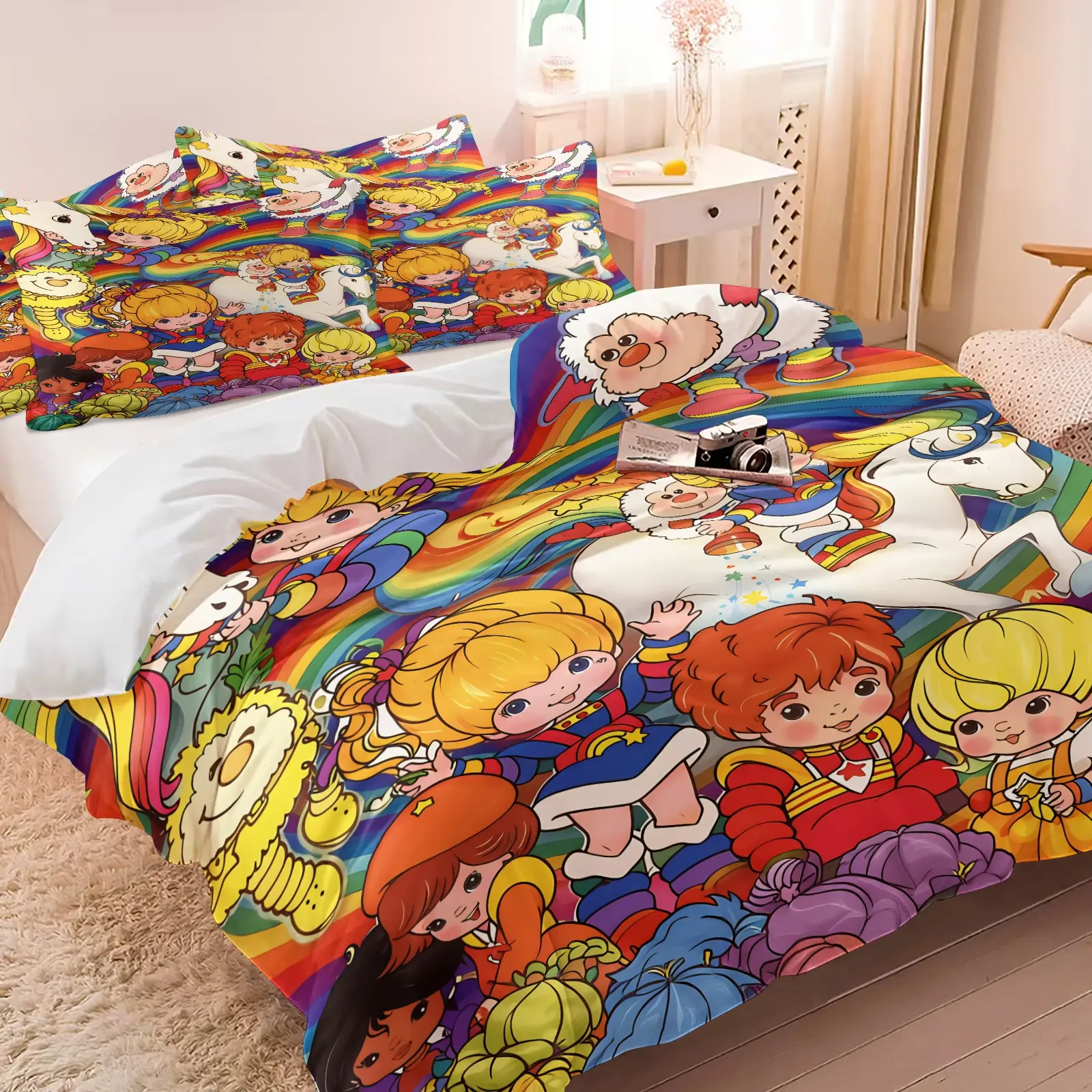 3PCS Vintage Rainbow Brite Cartoon Duvet Cover Set (1 Duvet Cover + 1-2 Pillowcases), Soft Cozy Skin-Friendly Bedding, Retro Rainbow Background Cute Cartoon Characters White Unicorn HD Digital Print, Perfect for Kids Girls Bedroom Decor