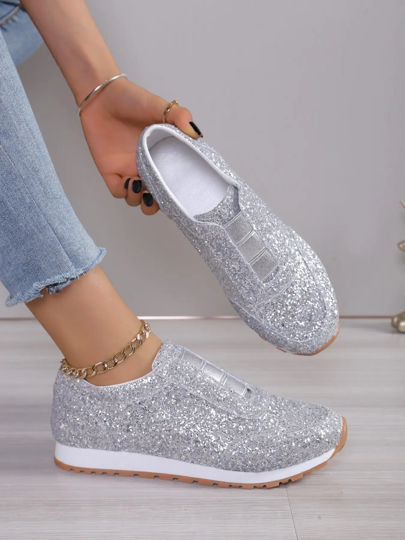 Women's Sequin Flat Shoes, High-End Comfort Elastic Design, Perfect for Daily Wear and Summer Vacation, Cute and Fashionable Highlight