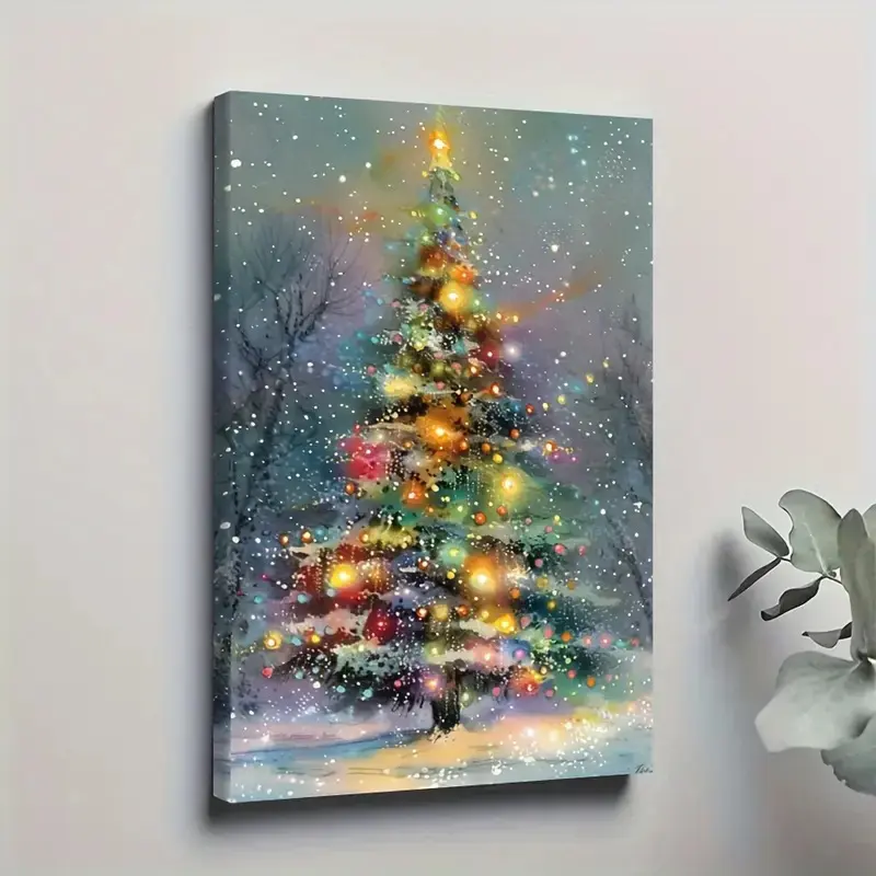 1pc Framed Christmas Tree & Snowflake Lights Wall Art - Modern Rustic Holiday Canvas Print with Contemporary Wrapped Frame, Vibrant Xmas Decor Suitable for Living Room, Bedroom, Housewarming Gift - Framed for Year-Round Decor, Interior Accent, 2D