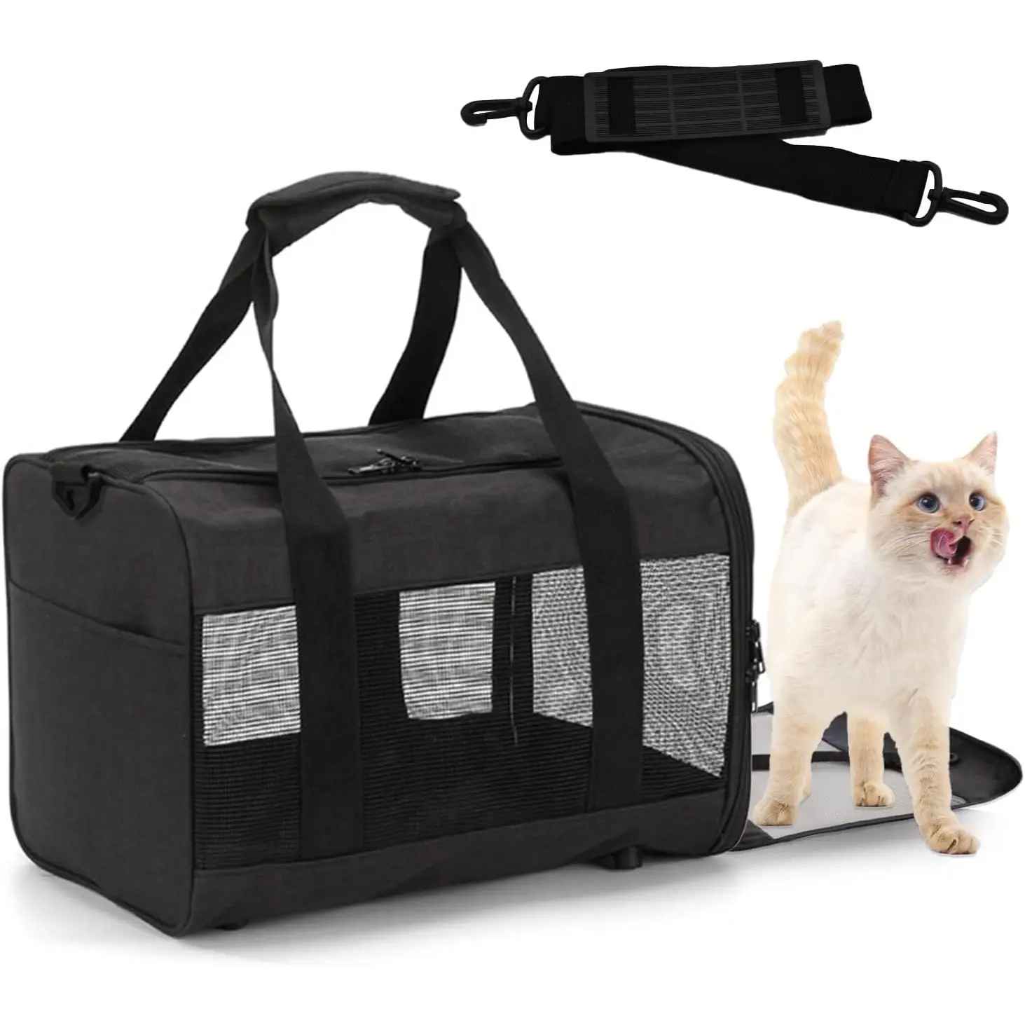 Soft-Sided Pet Carrier for Small Dogs, Cats & Bunnies, Airline Approved Foldable Travel Tote with Breathable Mesh & Adjustable Shoulder Strap, Black, Bunny, Carrier Backpack, 14.96X9.84x10.24in, Home, Easy Folding, Large Space Design, Portable Design