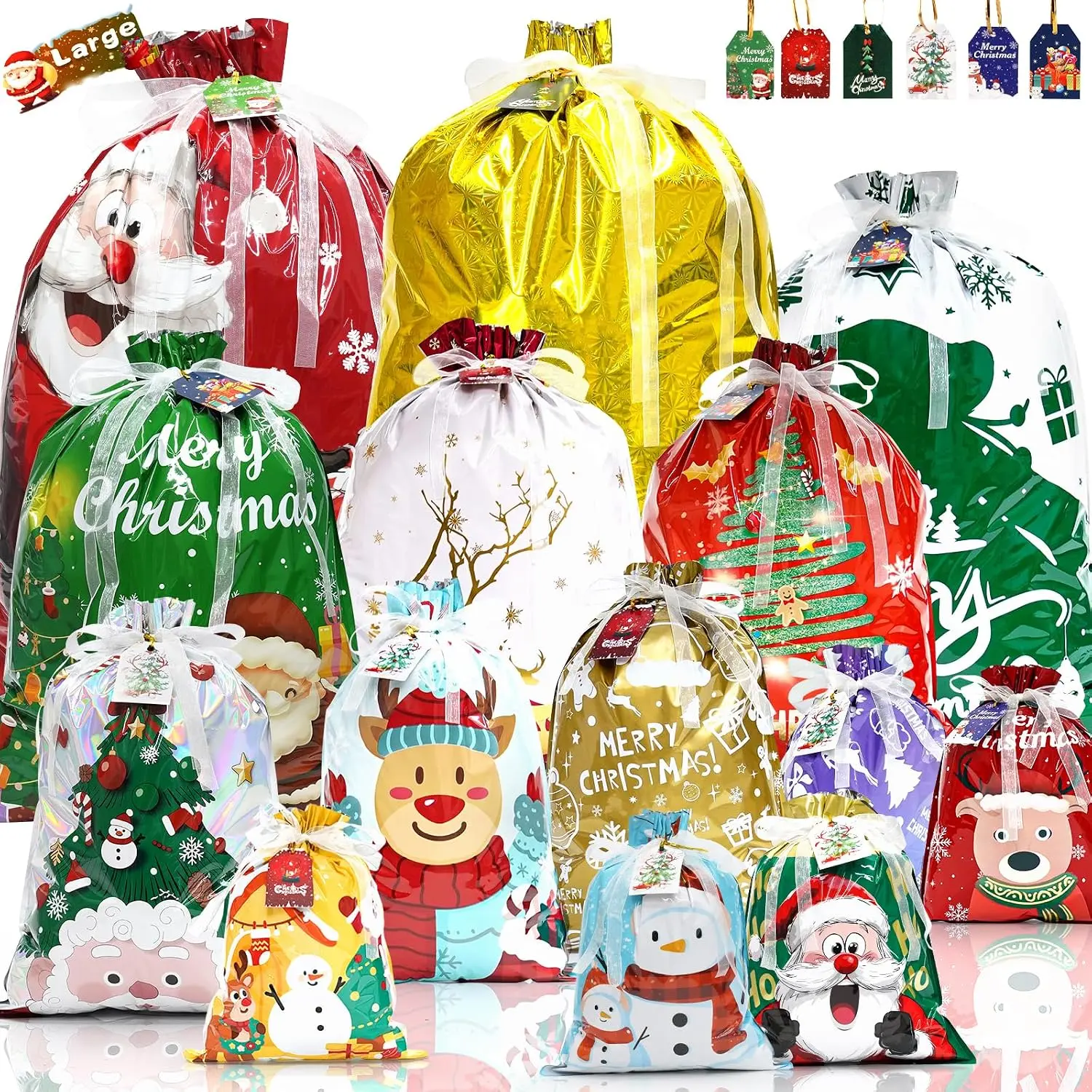 Christmas Drawstring  Bags, 20 count Christmas Bags for Gifts |  Large Medium Small Christmas  Bags Bulk, Xmas Wrapping Bags for Presents with Tags for Birthday Holiday Party