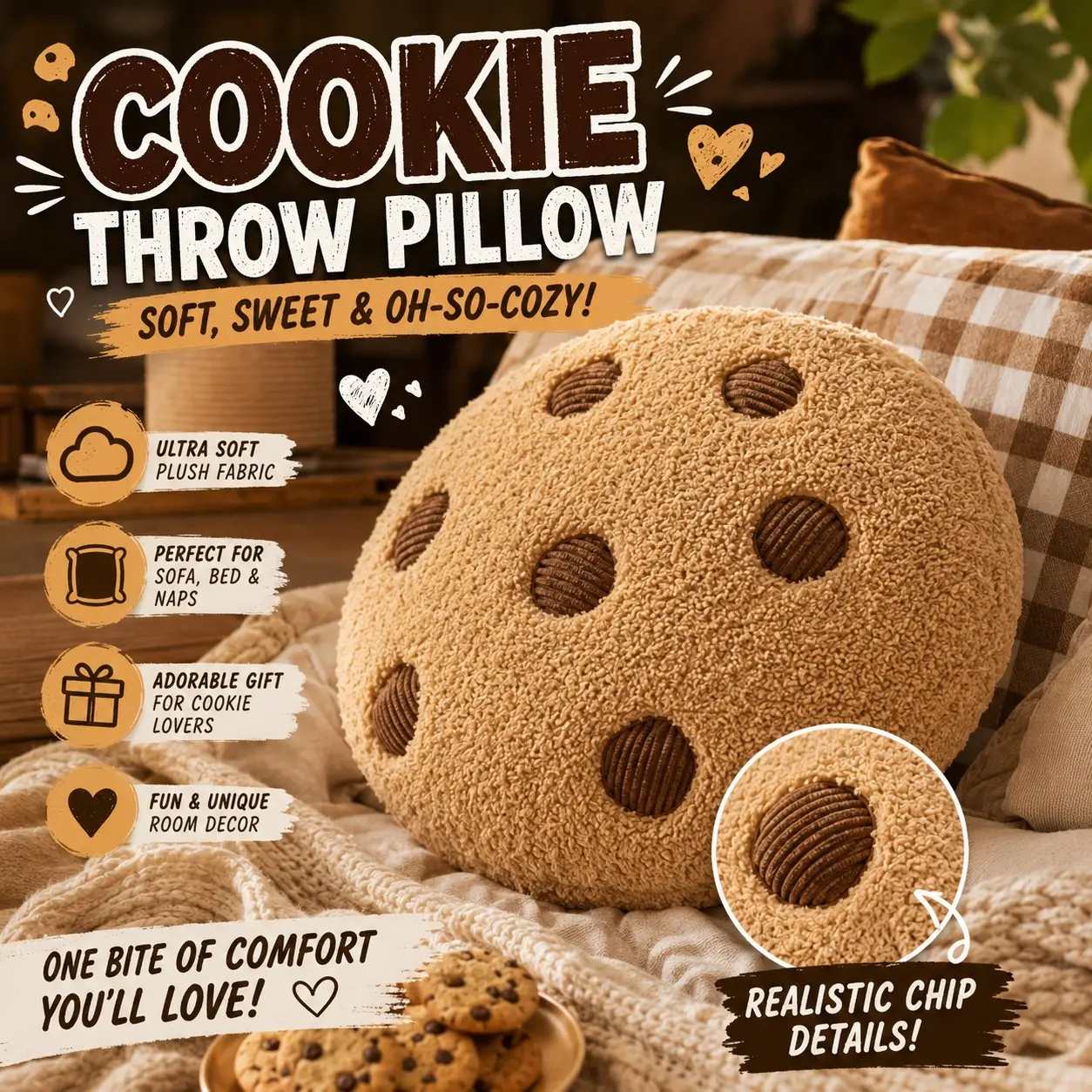 1PC Cozy room essential alert! 🍪✨ Plush cookie pillow that’s ridiculously soft for naps, bedroom decor, and couch lounging. Upgrade your space with this cute vibe! Link in bio. 🛋️ Soft Touch Cushion