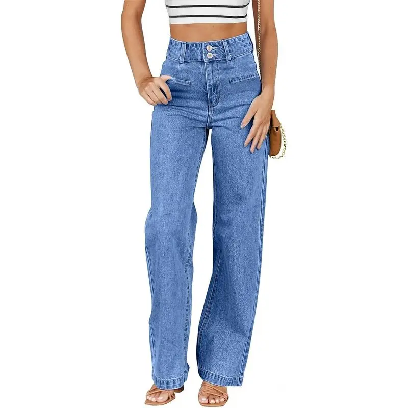 Women's Jeans High Waisted Straight Leg Stretchy Jeans Trendy Loose Wide Leg Zimbaplatinum Denim Pants with Pockets