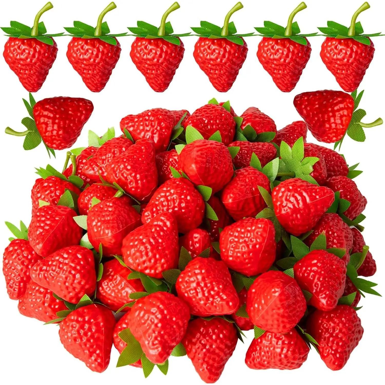 40 Pcs Lifelike Artificial Red Strawberries with Green Stem and Leaf for Home Kitchen, Party Decor, Photography PropGift