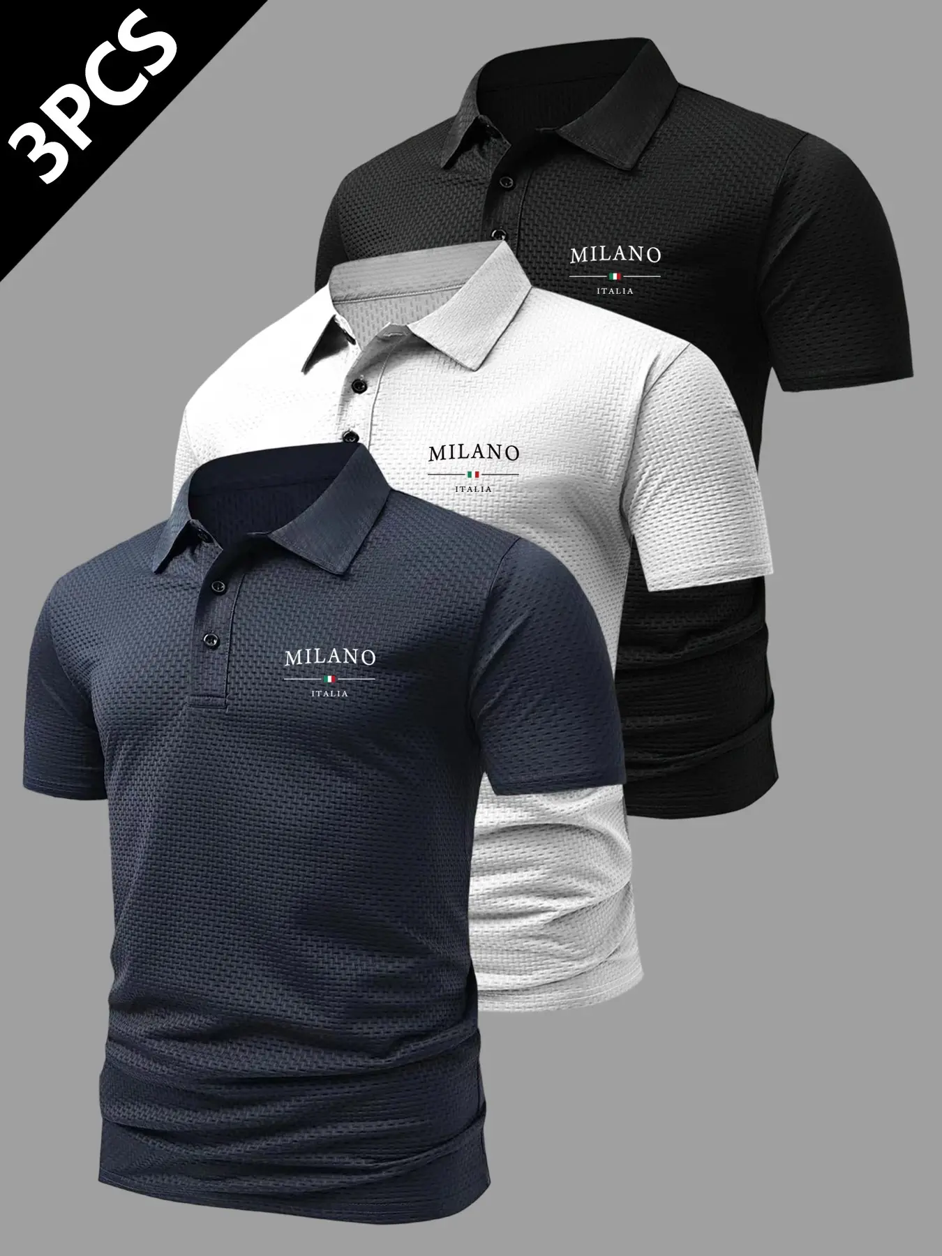 3-Pack Men's Summer Short Sleeve Polo Shirts, Milano Italia Print Design, Casual & Light Business Style, Fitted Fit, Plain Surface