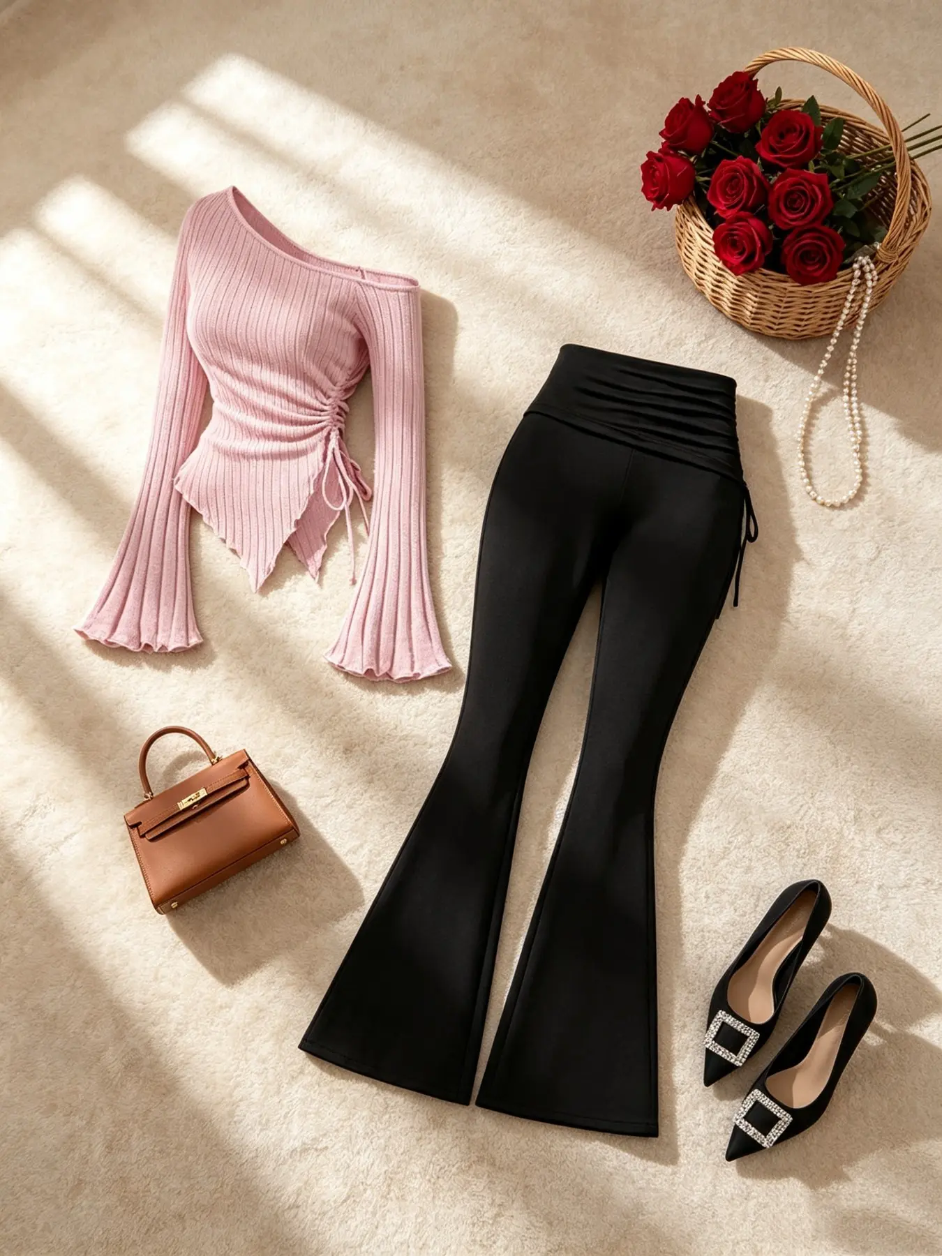 Trendy Asymmetrical Drawstring Knit Top & High-Waisted Flare Long Pants Set, Slimming Fit, Chic Style, Perfect for Spring & Fall