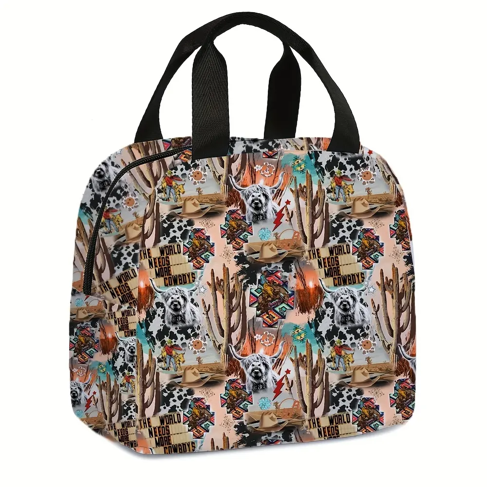 Western Cow Print Insulated Cooler Lunch Bag - Non-Food Contact Durable Polyester Tote, Multifunctional for Office/Camping, Animal Theme Sports & Outdoor Accessory, Insulated Tote