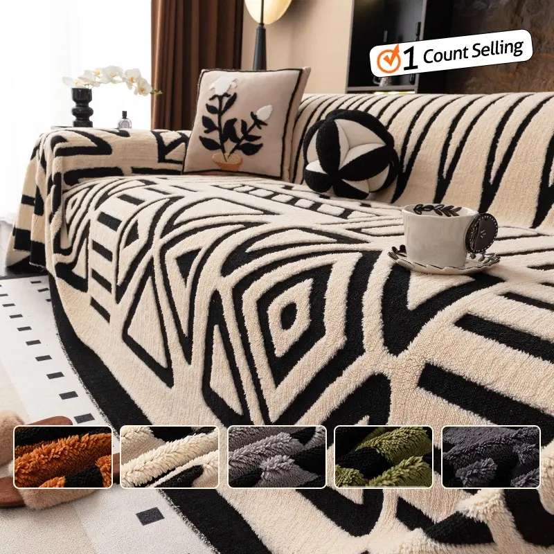 1pc black and white geometric diamond grid plush sofa cover, one-piece sofa blanket, retro and antique style thick plush anti slip washable sofa cover, pet friendly sofa cover, furniture protection cover, living room, bedroom, office home decoration
