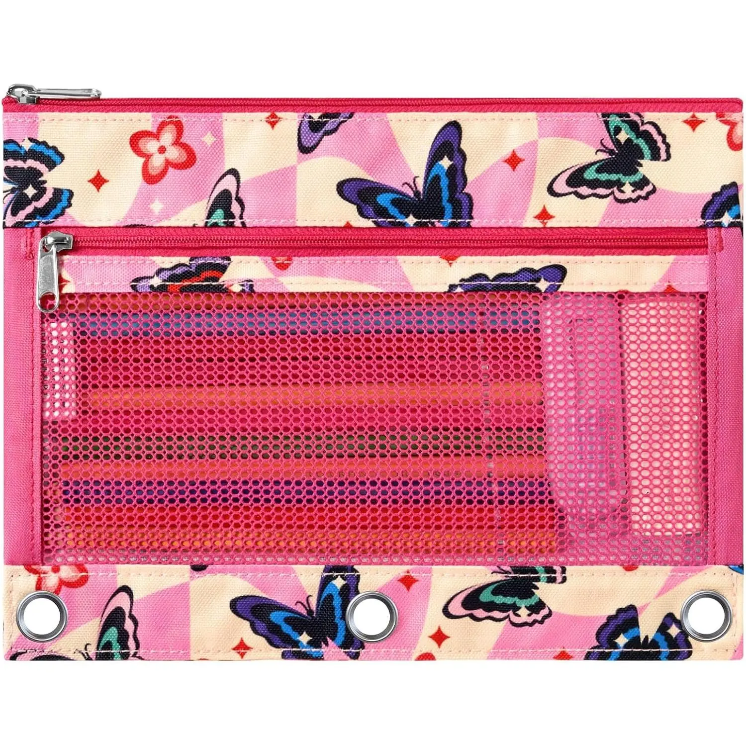 Butterfly Pencil Pouch for 3 Ring Binder, Binder Pencil Pouches with Zipper, Pencil Case with Clear Window,  Bags for Office Supplies