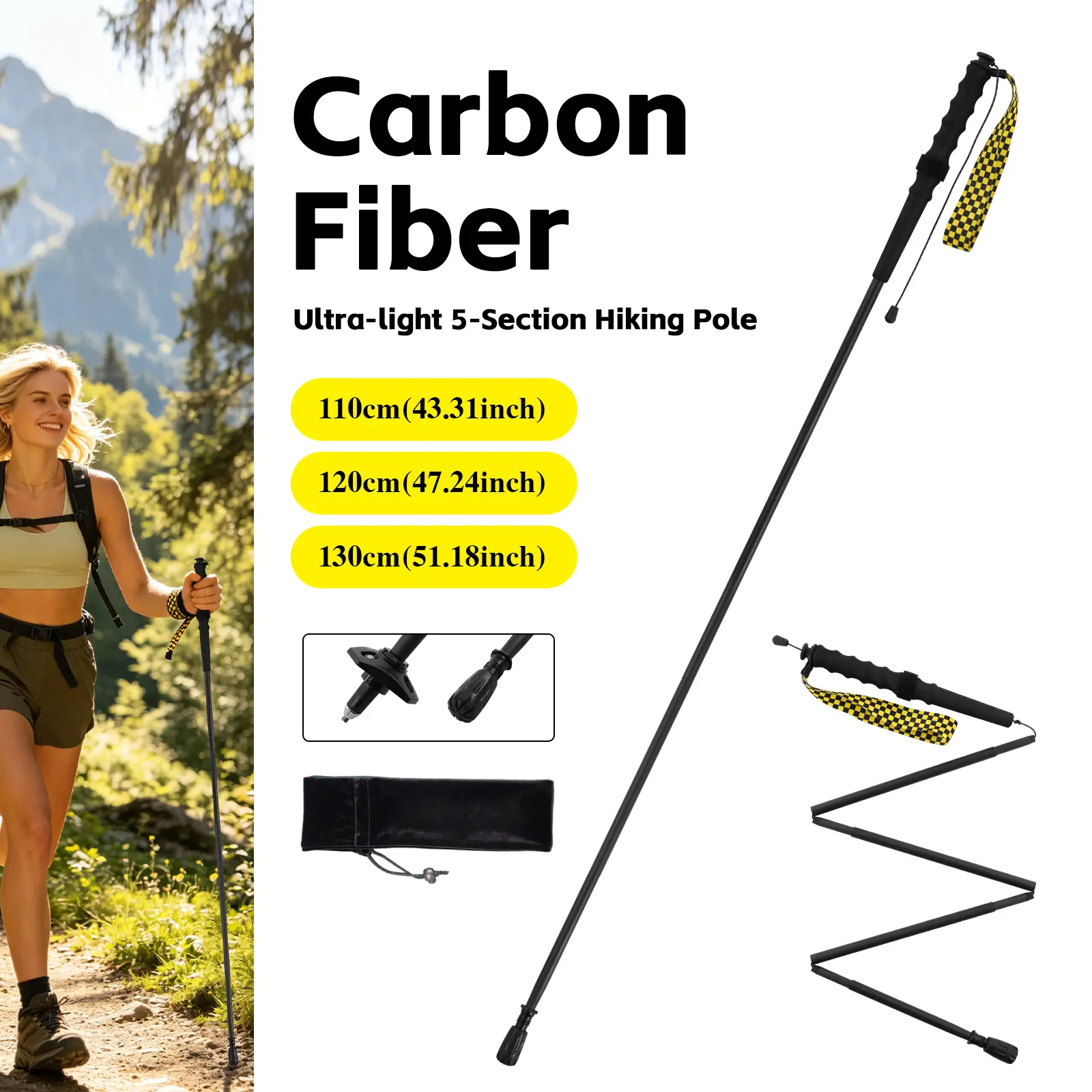 Carbon Fiber Trekking Pole, Five-Section Folding Nordic Walking Stick, High-Strength Lightweight Hiking Staff, Matte Finish, Colorful Wrist Strap