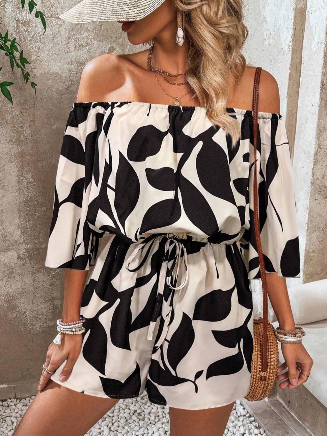 Women's All Over Leaf Print Off Shoulder Tie Waist Romper, Casual Drawstring Waist Jumpsuit for Vacation Holiday, Ladies Clothes for All Seasons