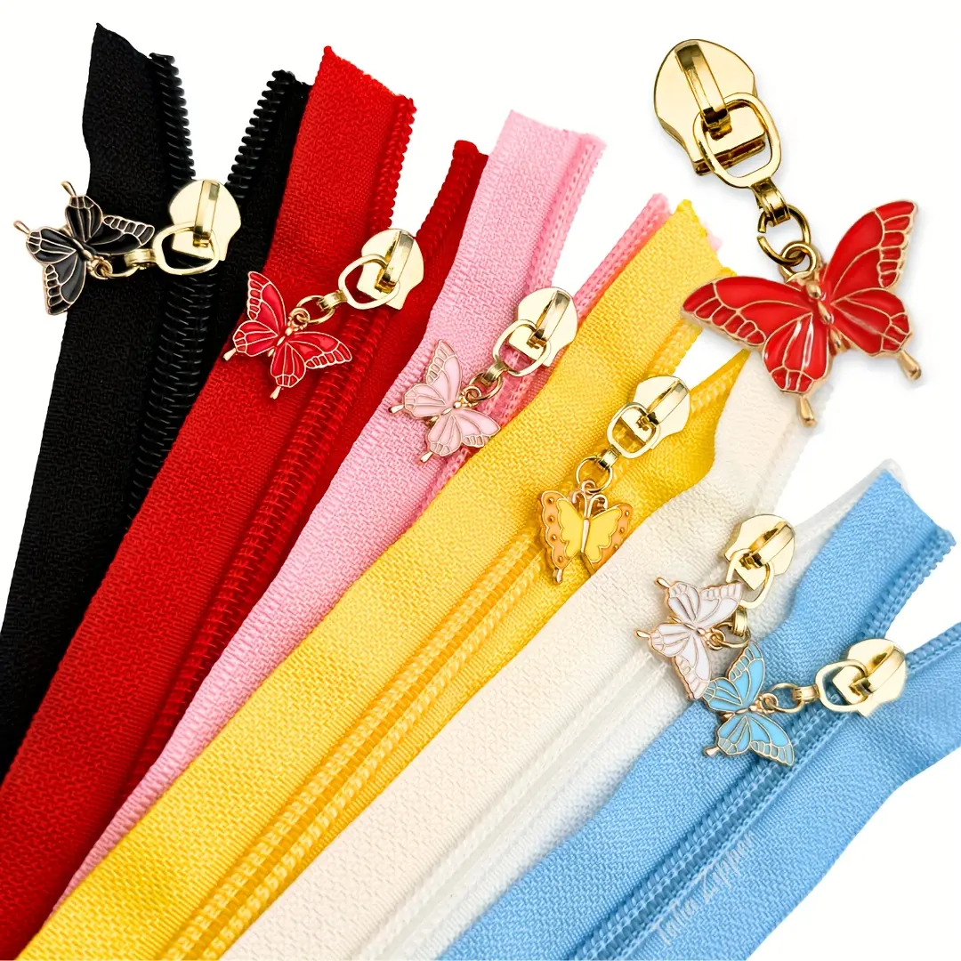 #5 5 yards nylon zipper with 5pcs butterfly sliders, suitable for wallet sewing, features self-locking colored zipper pulls, works for plush toys, and is an ideal DIY sewing fastener accessory