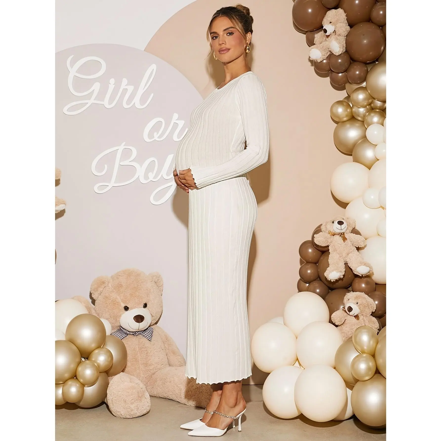 White Winter Elegant Maternity Dress, Slim-Fit Ribbed Knit Long-Sleeve Dress, Suitable for Mommy-To-Be Parties, Gender Reveal Parties, And Maternity Photoshoots