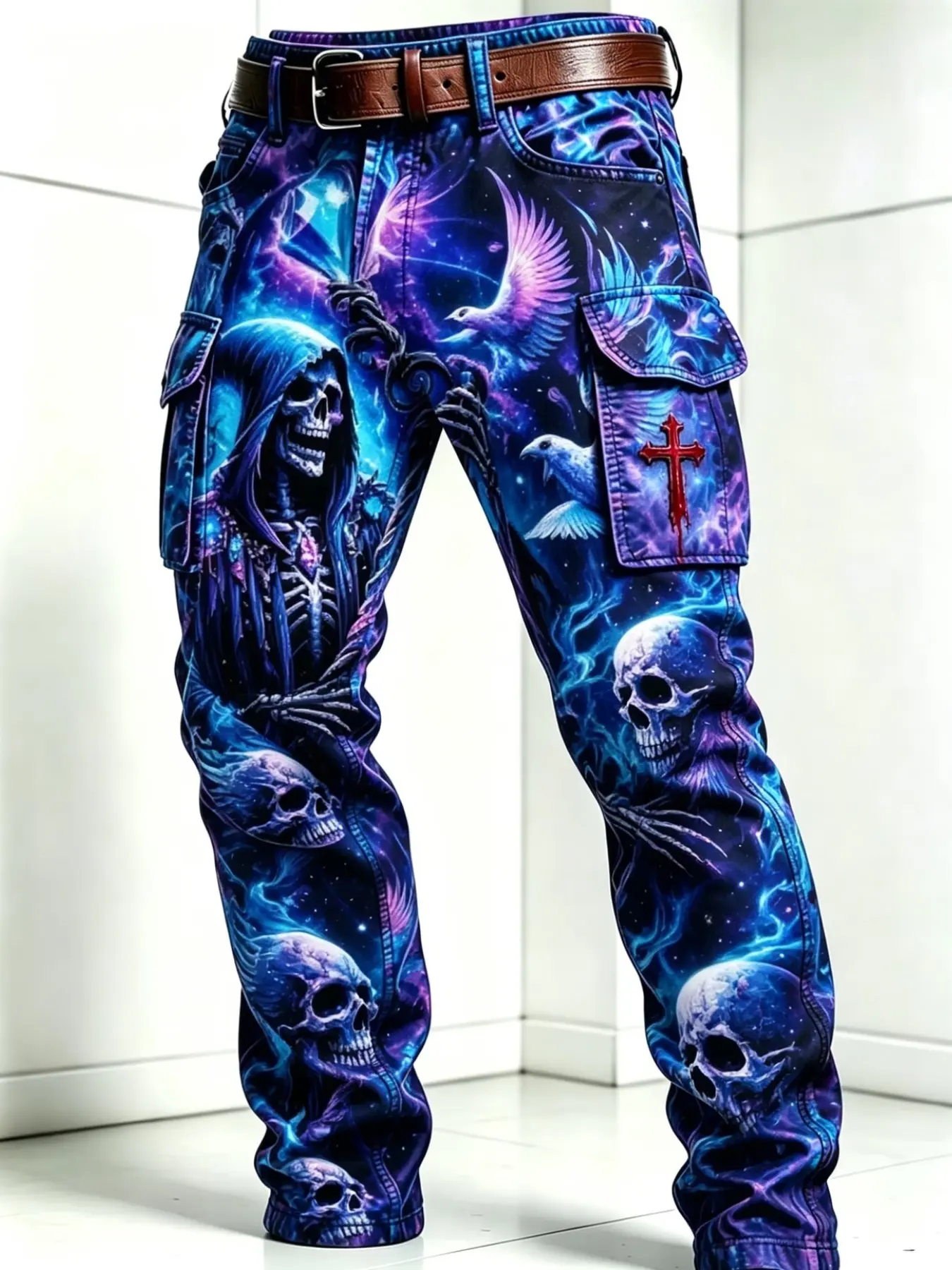 Men's Gothic Starry Sky Death Skull Number All-Over Print Cargo Pants, Street Style Multi-Pocket Straight Leg Casual Pants