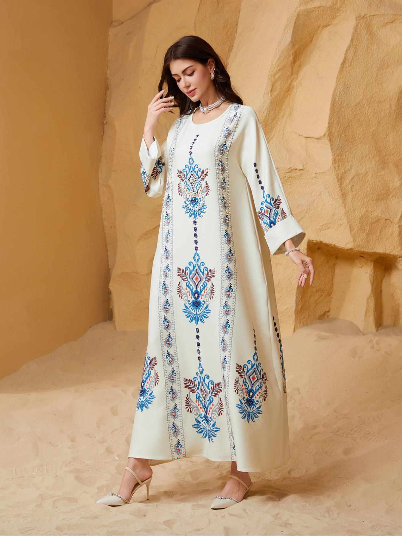 Middle Eastern Women's Embellished Pearl Round Neck Floral Printed Luxurious Elegant Jalabiya Dress, Loose-Fitting All Seasons Fashion