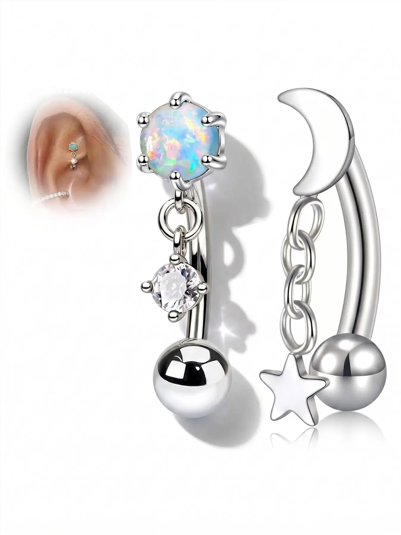 Stainless Steel Rook Piercing, 16g Dangle Eyebrow Rings for Women, Moon and Star Curved Barbell, Punk Style, Daily Wear Jewelry, Chic Body Jewelry