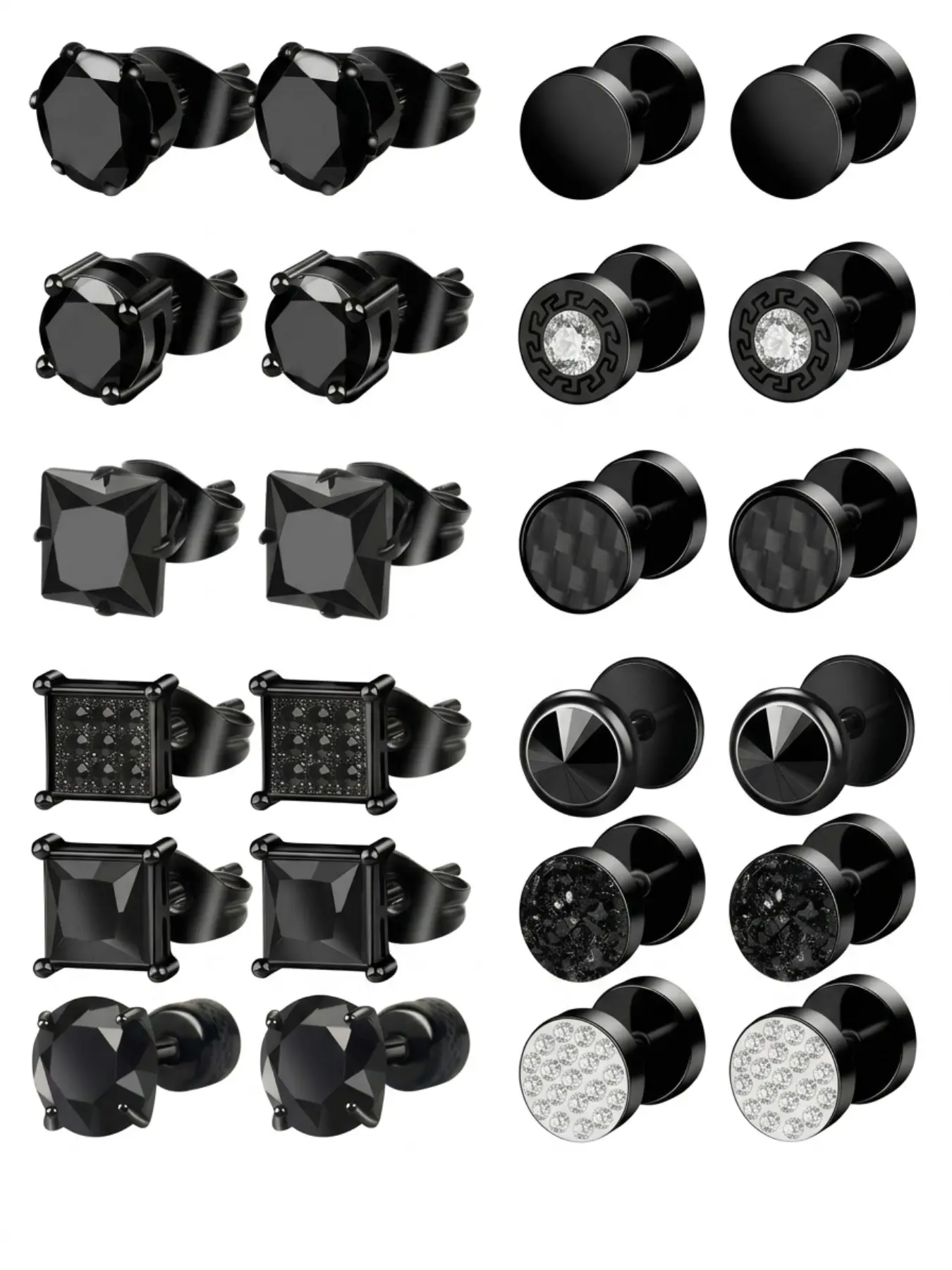 Jinxuan-12 Pairs Men's Earrings, Stainless Steel, Low Allergy Square Cubic Zirconia Studs, Suitable for Multiple Piercings