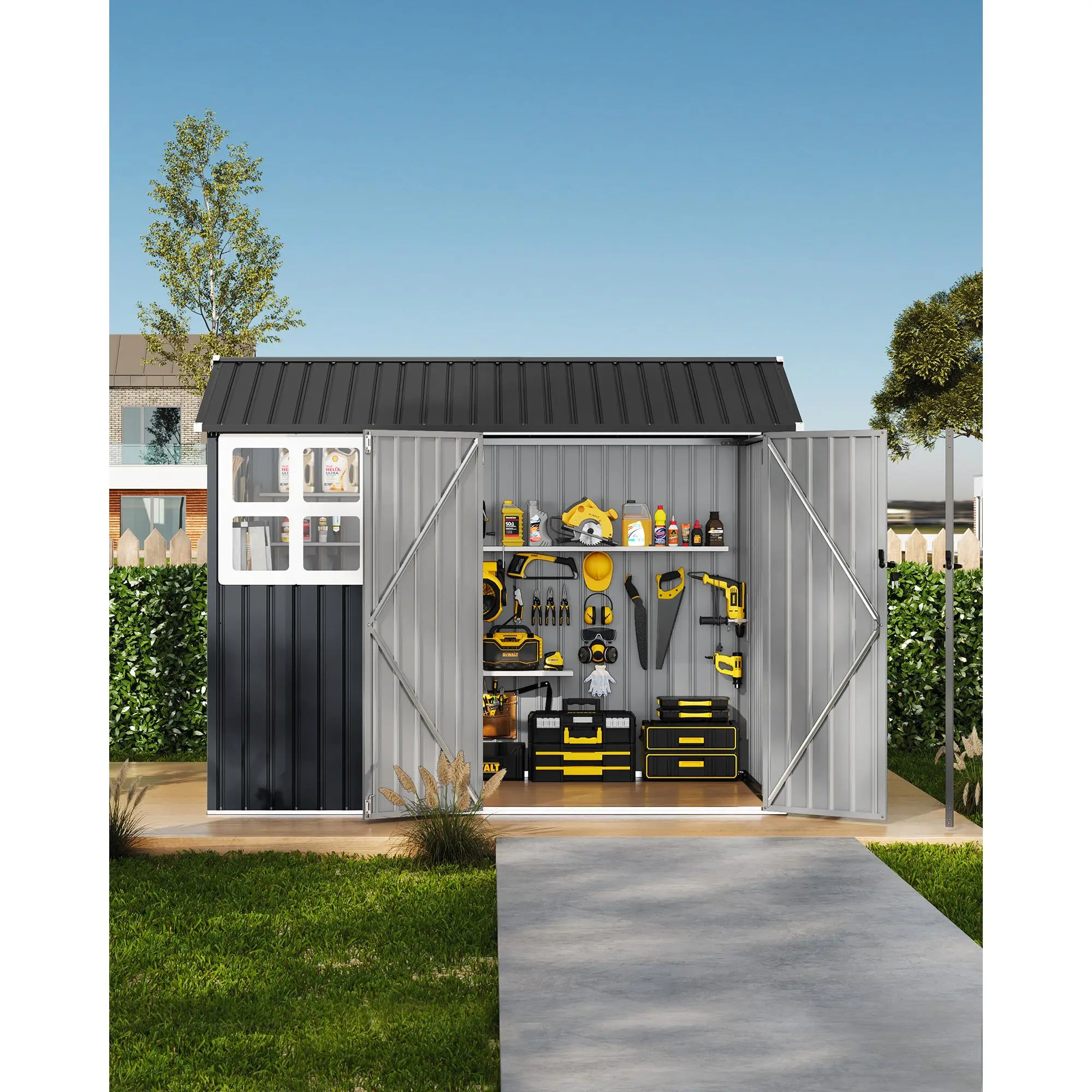 8x6 FT Metal Garden Storage Shed with Front Window - Outdoor Utility Tool House with Motion Sensor Solar Light, Lockable Doors, Stainless Steel Hinges for Yard Lawn Mower