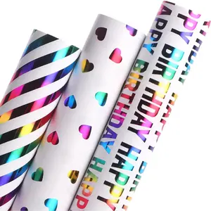 Birthday Wrapping Paper Iridescent  Wrap Mini Roll, 3 Rolls Happy Birthday Heart Stripes Printed for Girls  - 17 inch x 120 inch(10feet) Per Roll