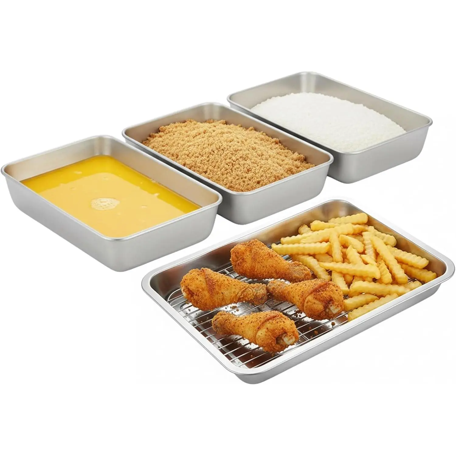 Set of 3 Breading Pans, Chicken Cutlet Dredging Trays with Stainless Steel Oil Filter Tray for Cooking Food Prep, Preparing Bread-Crumb Dishes, Panko, Schnitzel