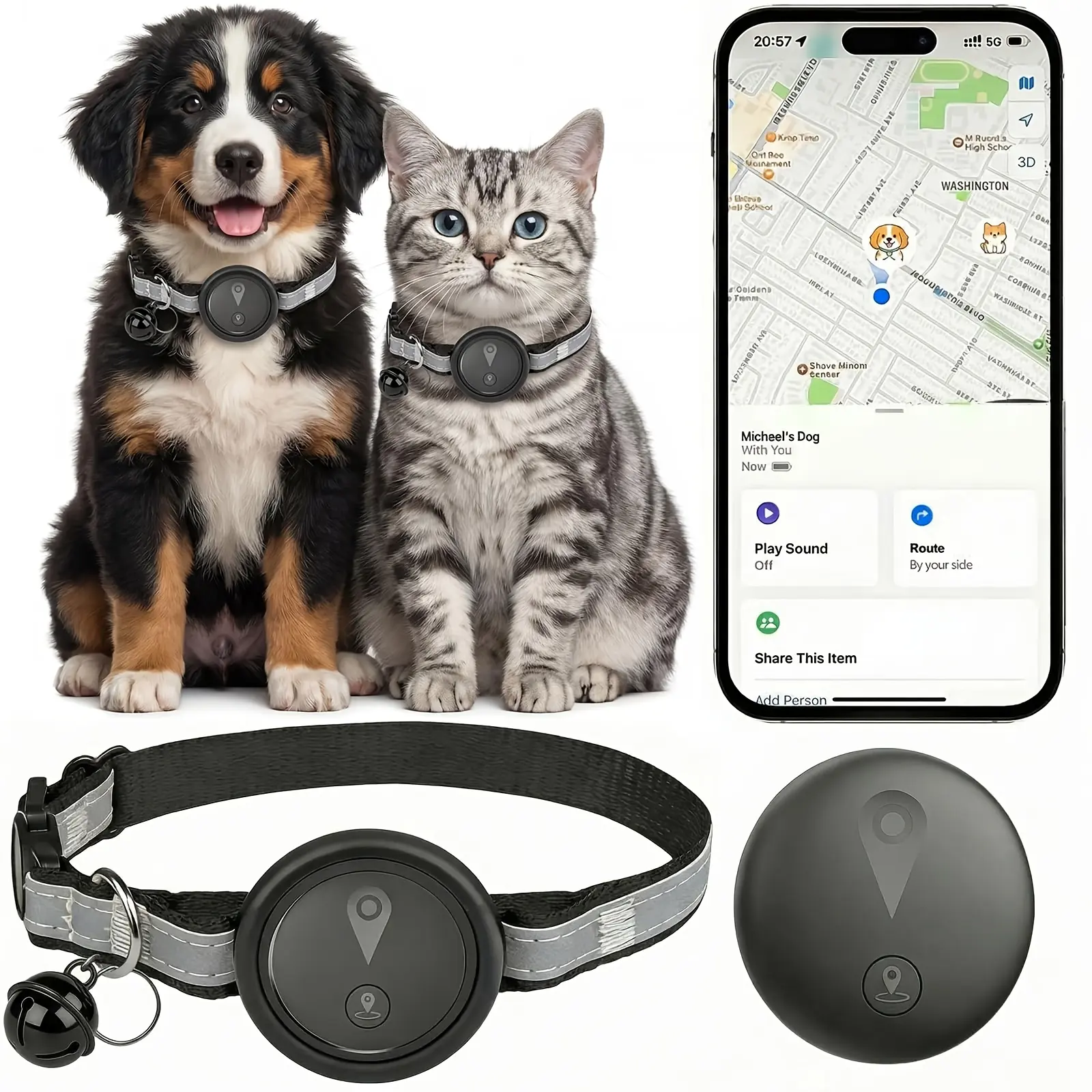 A GPS tracker specifically designed for cats and dogs real-time location tracking no monthly fees compatibility with iOS's "Find My" function adjustable pet activity tracker with a 360-degree reflective band suitable for small  medium and large pets