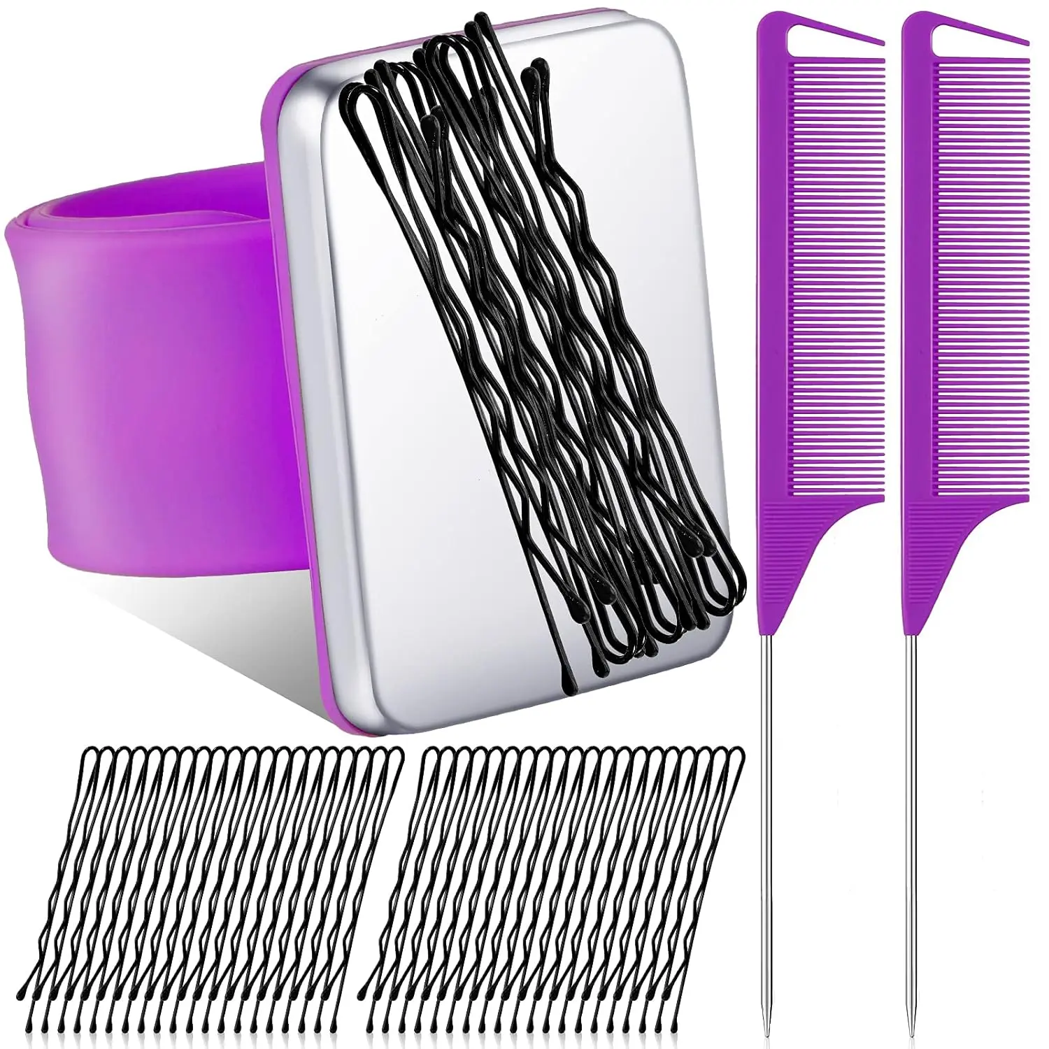 Magnetic Silicone Wrist Strap Multifunctional Hair Braiding & Sewing Pincushion Wristband with 2 Rat Tail Combs, 72Pcs Hairpins for Braiding, Sewing, Quilting, Hair Styling (Purple)