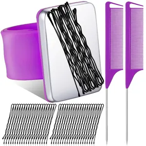 Magnetic Silicone Wrist Strap Multifunctional Hair Braiding & Sewing Pincushion Wristband with 2 Rat Tail Combs, 72Pcs Hairpins for Braiding, Sewing, Quilting, Hair Styling (Purple)