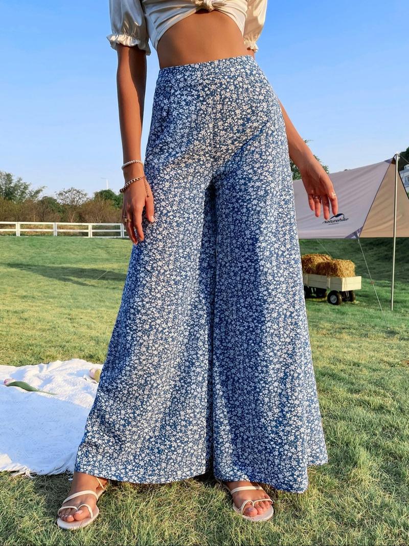Women's Ditsy Floral Print High Waist Wide Leg Pants, Boho Casual High Rise Trousers for Beach Vacation Holiday, Summer Outfits 2024, Ladies Bottoms for Summer, Wide Legged Pants