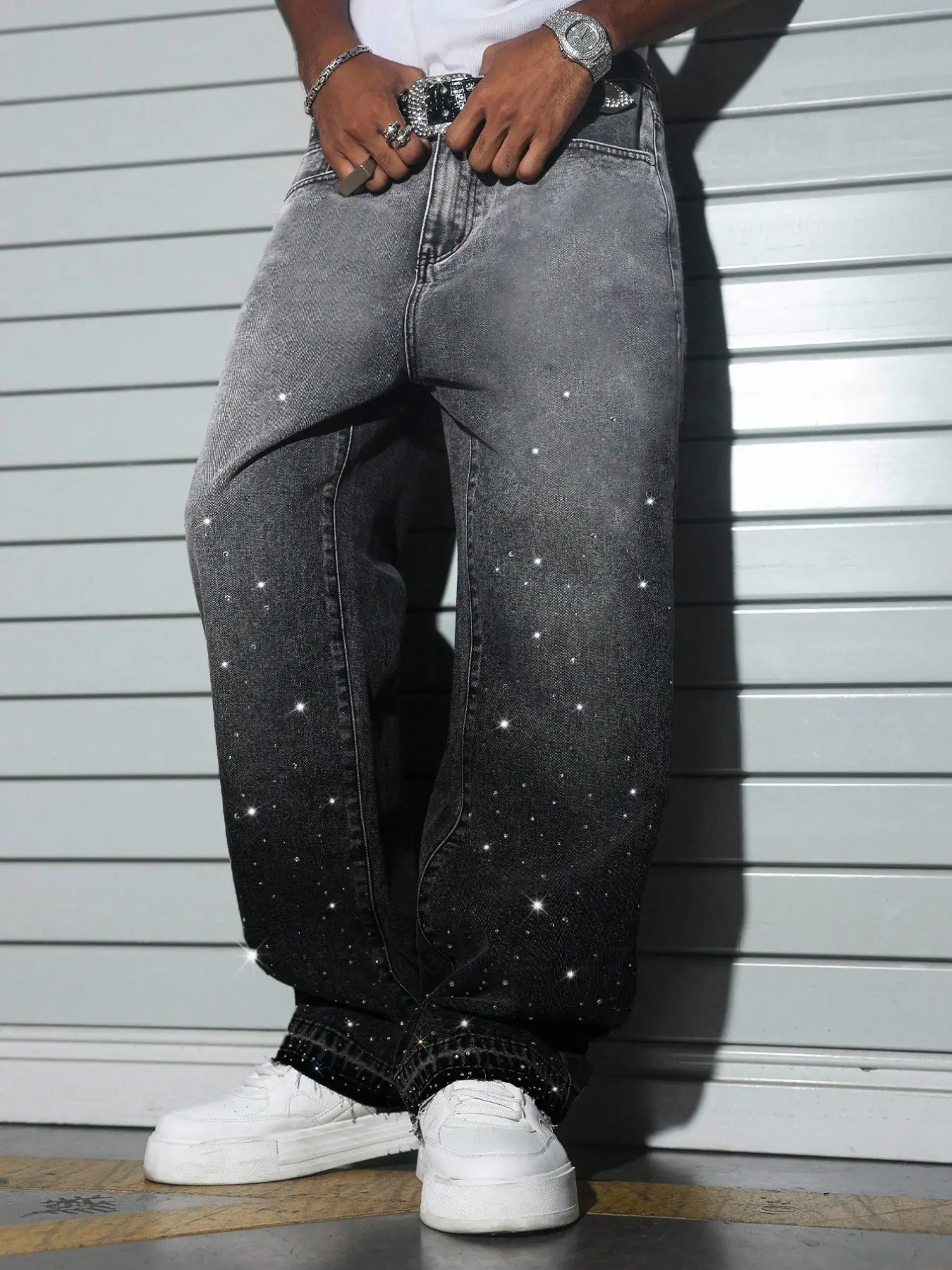 Y2K Men's Gradient Fading Jeans, High-End Carbon Fiber Hot Melt Drilled Starry Wide Leg Jeans, Hip Hop Street Party Jeans