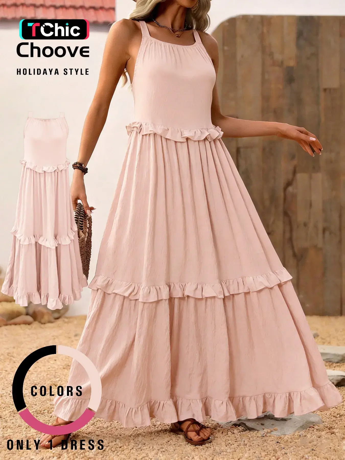 Women's Maxi Dress with Ruffled Hem, Sleeveless Loose Fit Casual Summer Dress, Plain Pattern, All Seasons Wear, Vacation Style Beach Sundresses