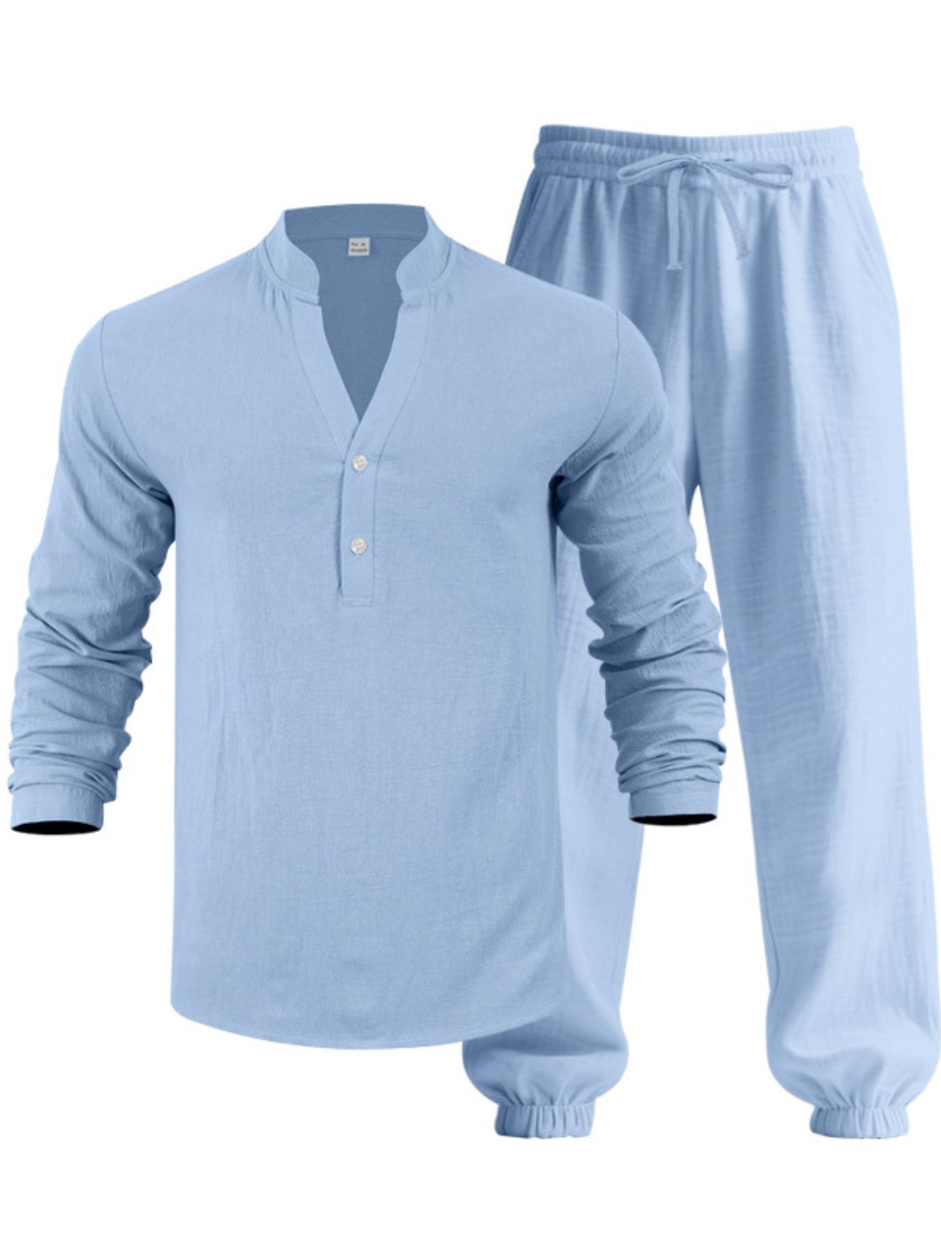 Men's Casual Long Sleeve Cuban Henley Shirt & Loose Pants Set, Beach Vacation, Comfortable Breathable Linen Fabric, Spring Summer Fashion